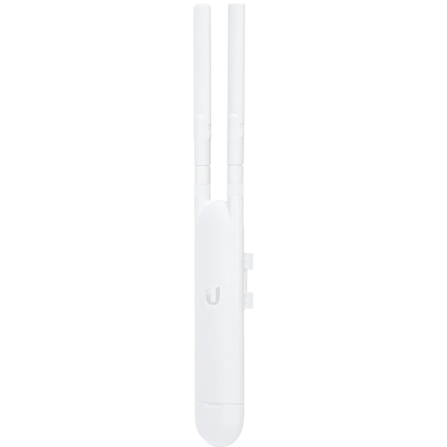 A white Wi-Fi router with two antennas and the Ubiquiti logo.