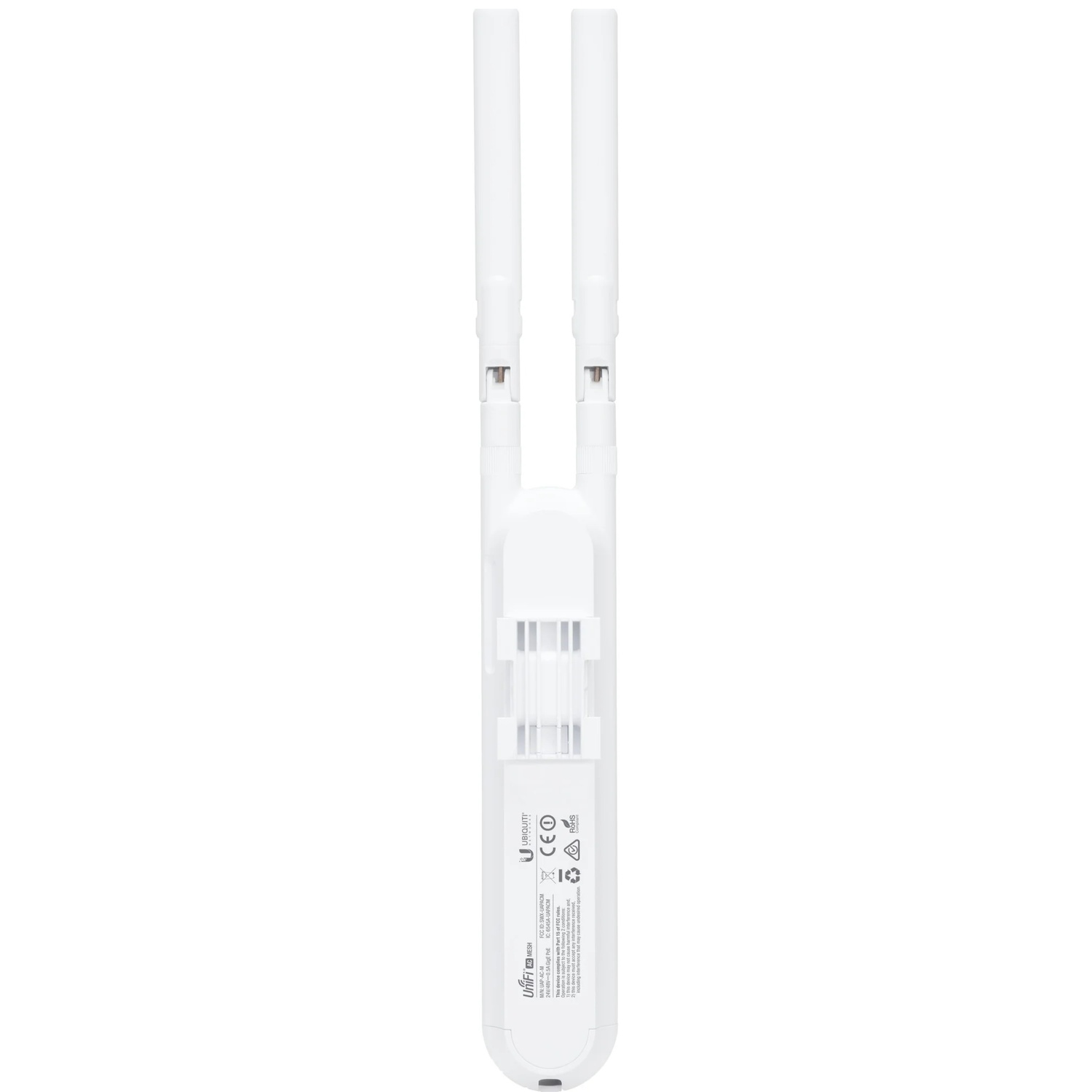 A white Ubiquiti UniFi Mesh device with two antennas and certifications.