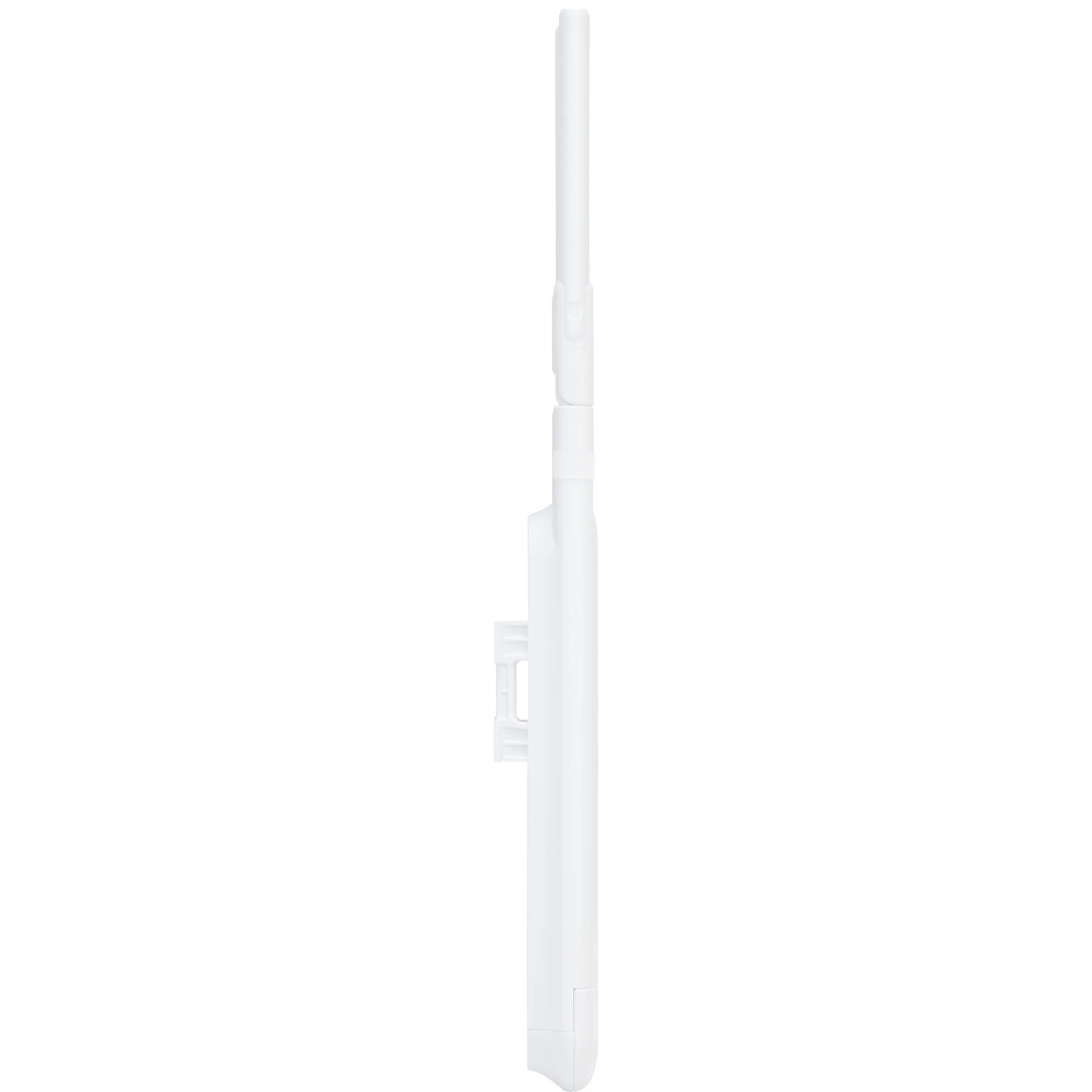 A white, vertical antenna with a side mounting clip against a white background.