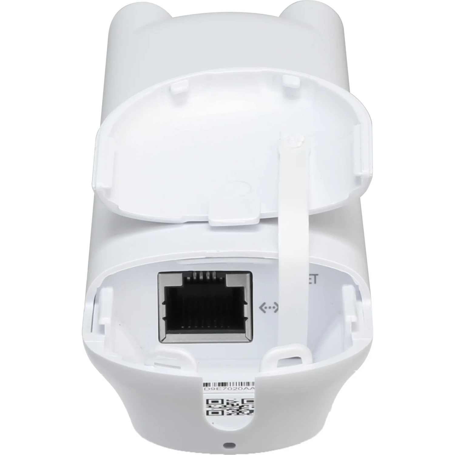 A white network port with its cover open, and a QR code below.