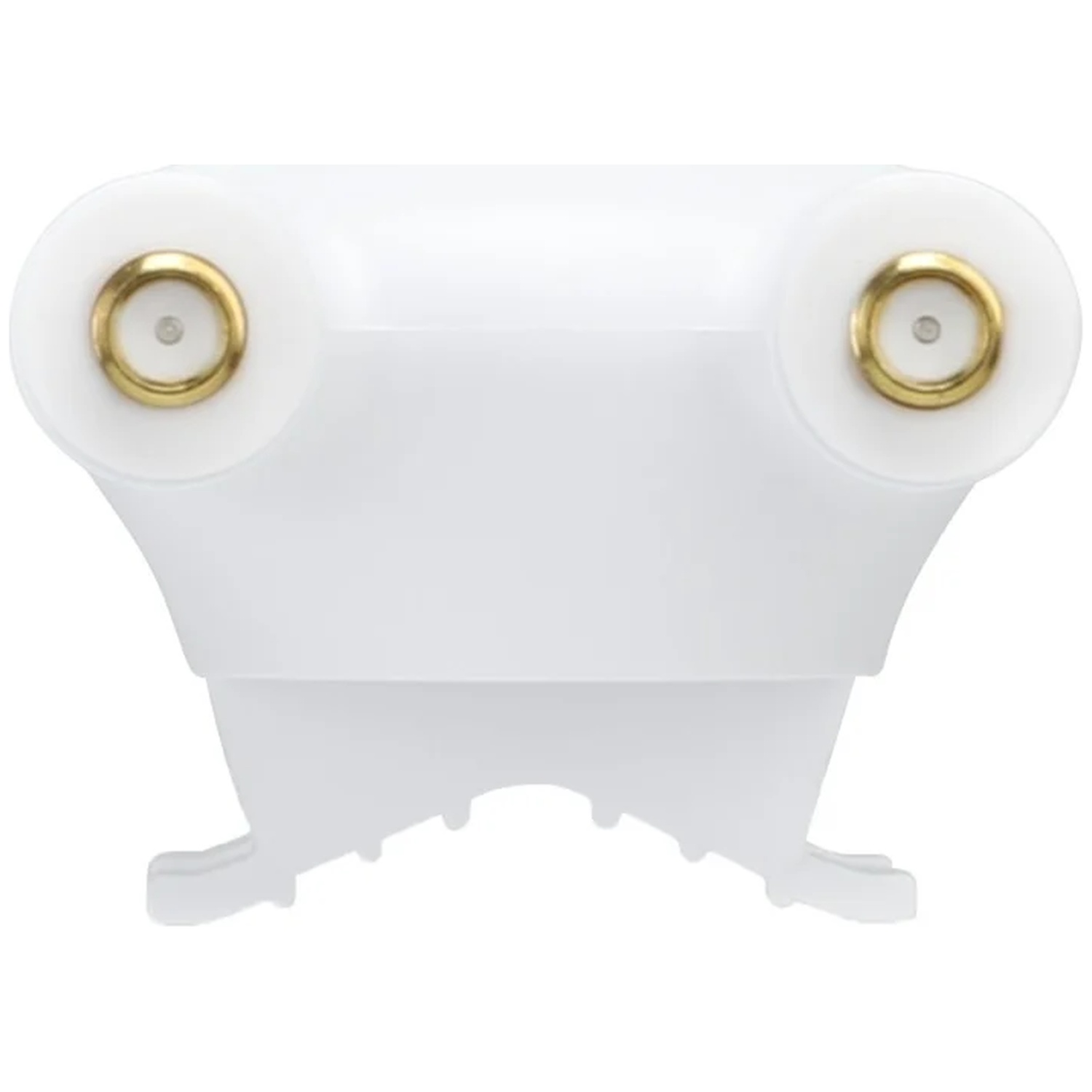 A white object with two round, gold rings at the front and four legs at the bottom.