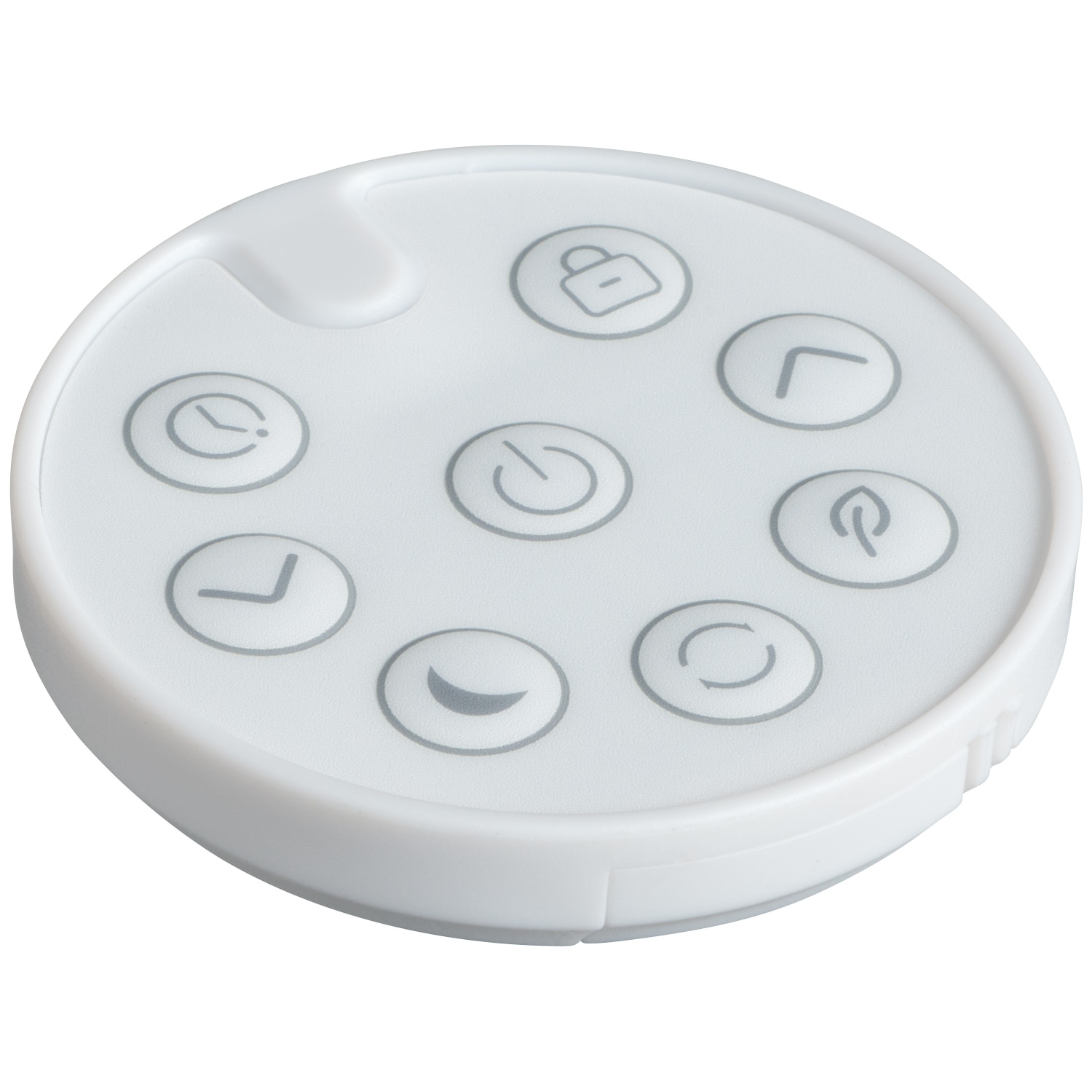 Télécommande blanche avec icônes de verrouillage, alimentation, horloge, flèche, feuille et répétition.