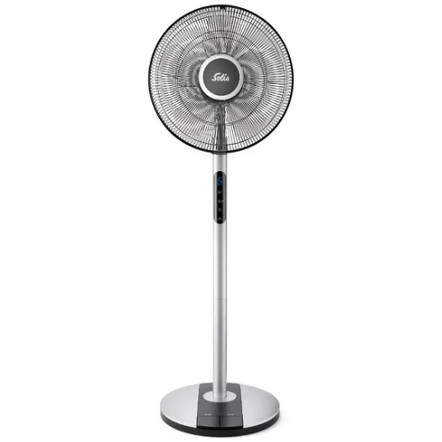 A silver standing fan with a black grill and a logo in the center.