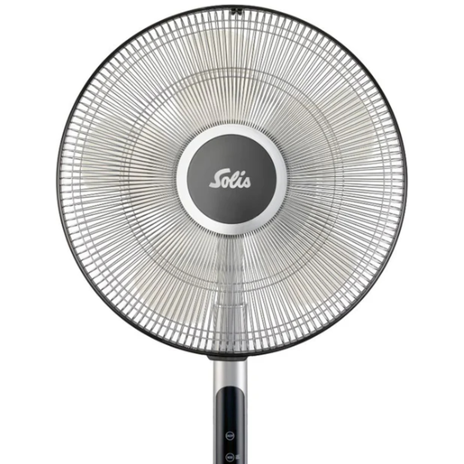 A silver standing fan with a black rim and Solis logo.