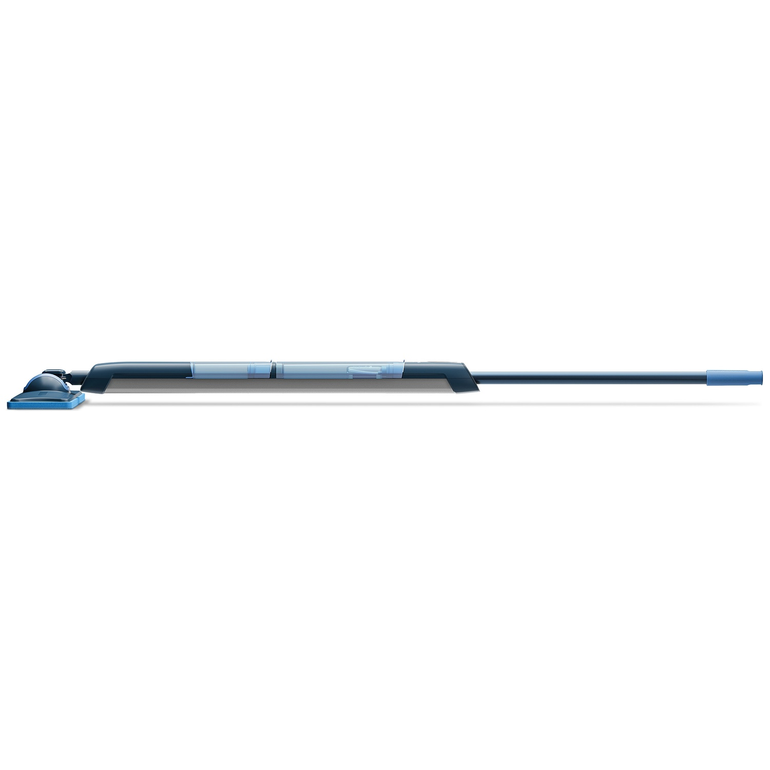 A blue and gray mop with a long handle on a white background.