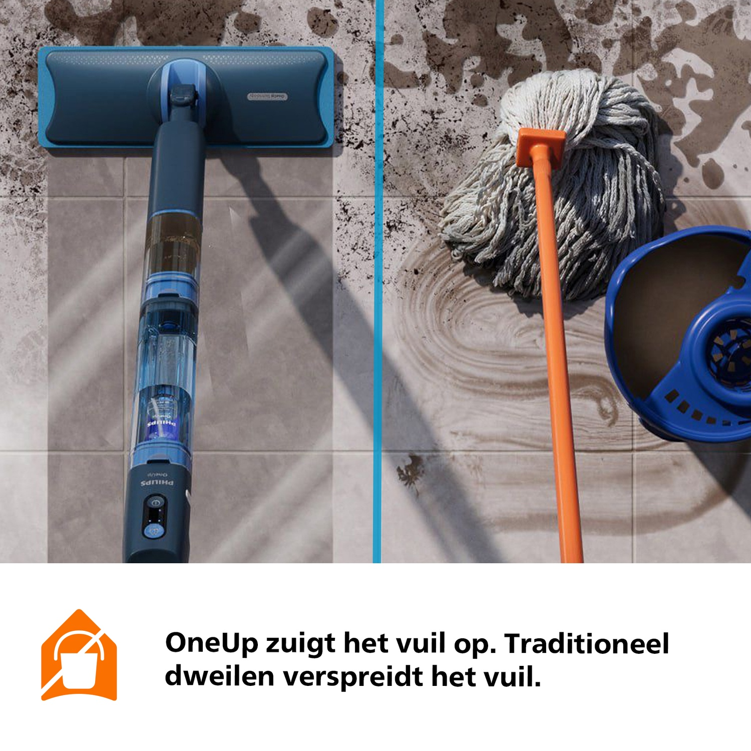 Modern vacuum mop sucks up dirt, traditional mop spreads it. Split screen.