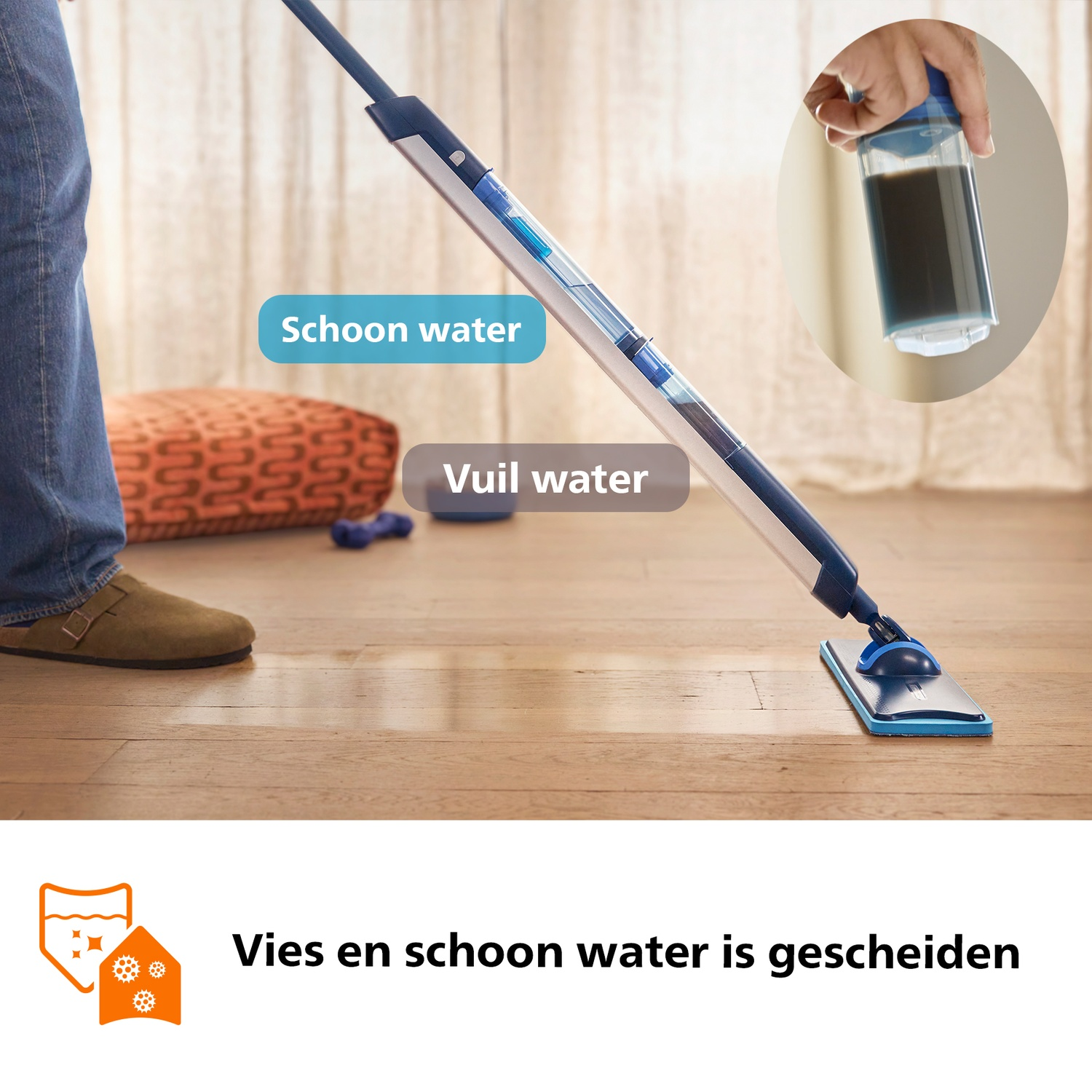 A mop with separate compartments for clean and dirty water on a wooden floor.