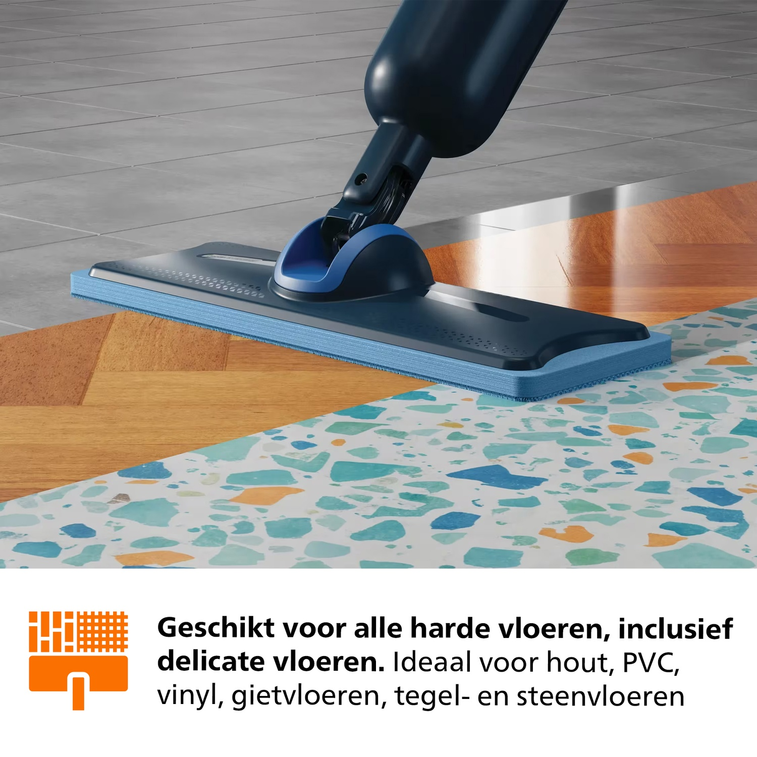 A steam mop cleans various floor types with different patterns.
