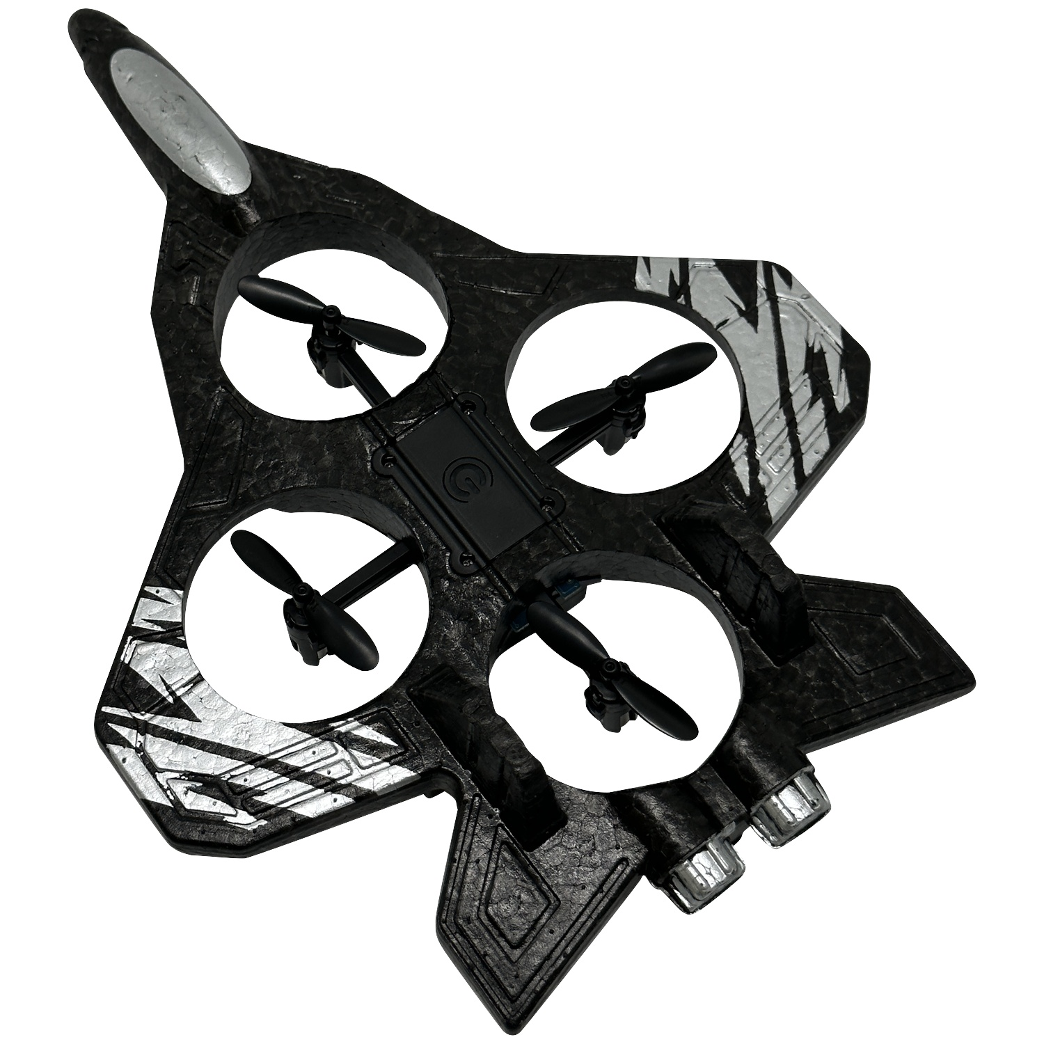 Een zwarte jet-stijl quadcopter drone met zilveren accenten en propellers.