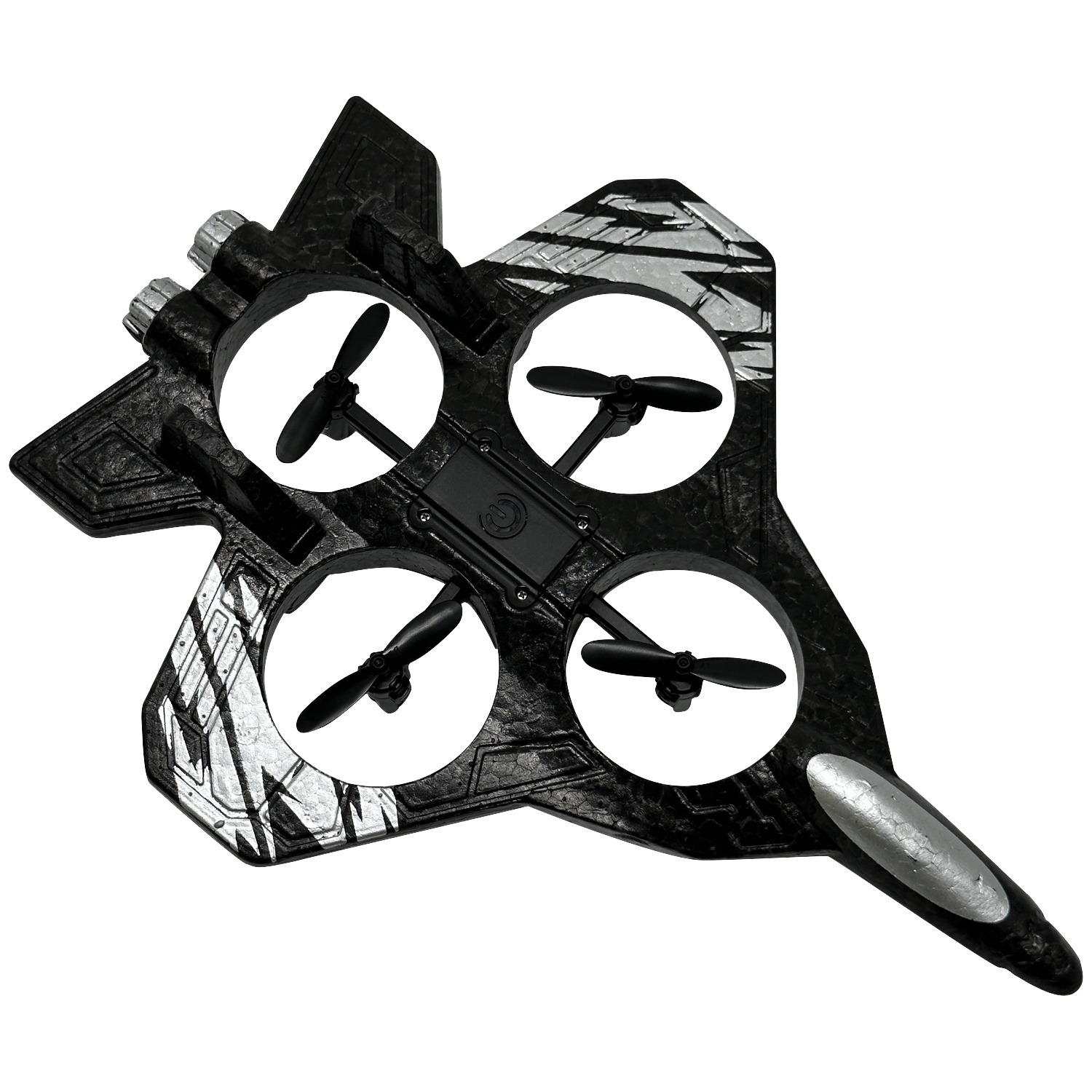 Zwarte vliegtuigvormige quadcopter drone met zilveren accenten en propellers.