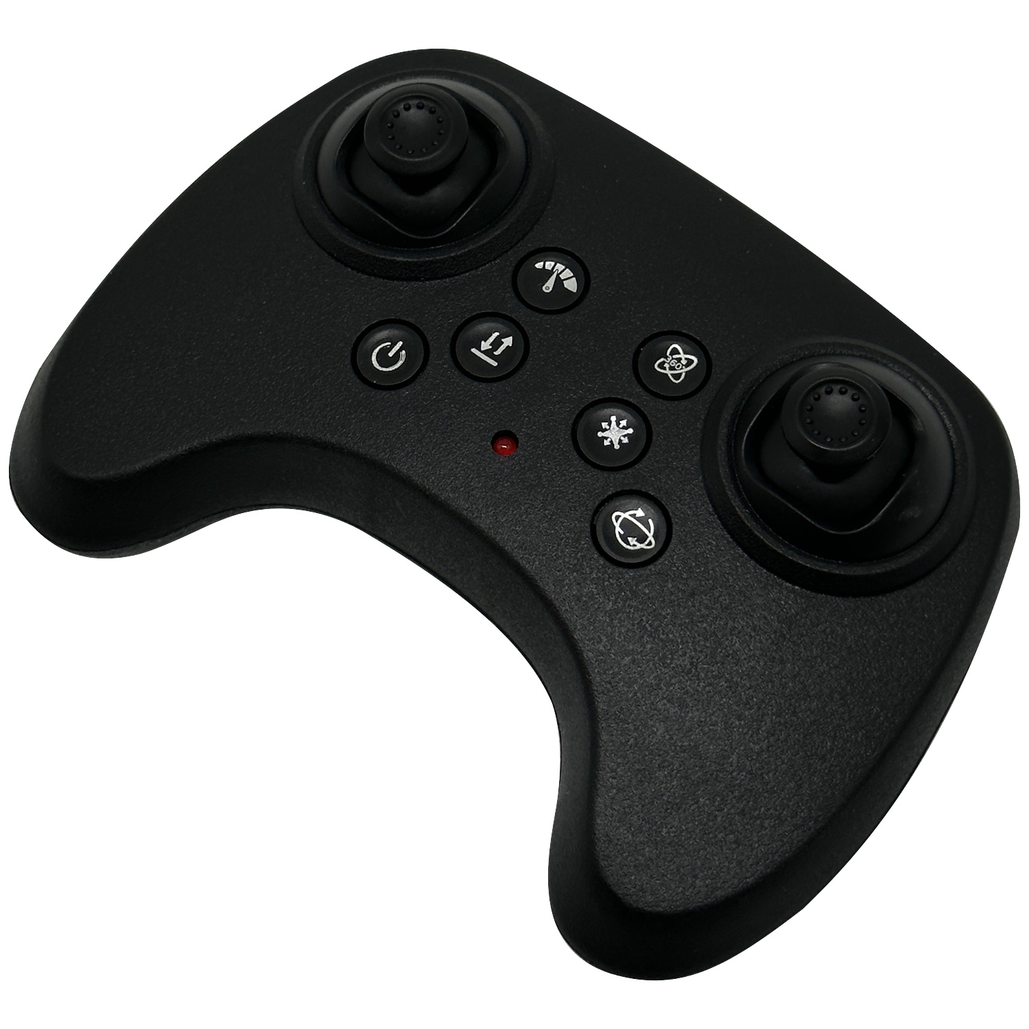 Zwarte drone controller met twee joysticks en functietoetsen.