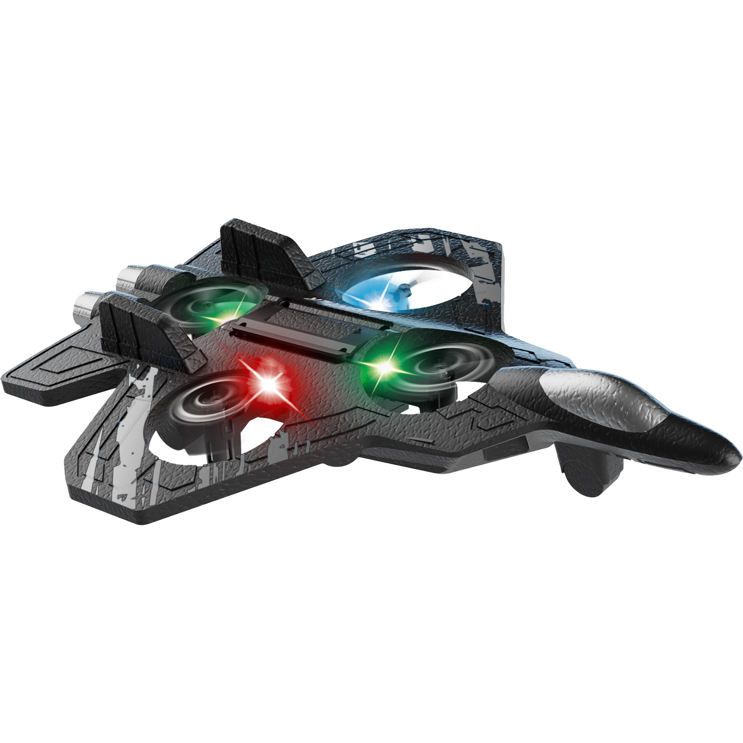Een zwarte speelgoeddrone in de vorm van een straaljager met rode en groene lichten.