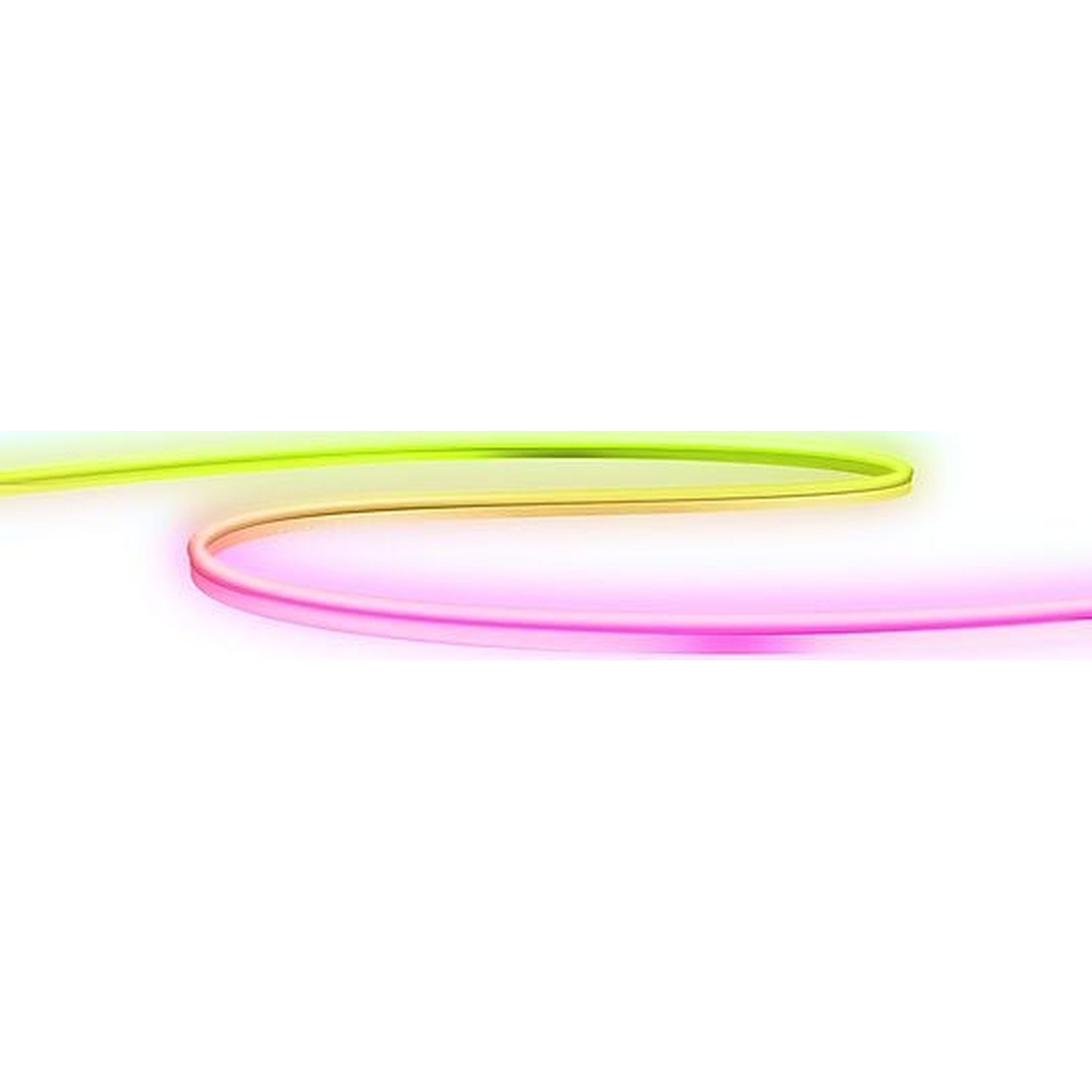 A neon light strip curves, with green fading to yellow and pink.