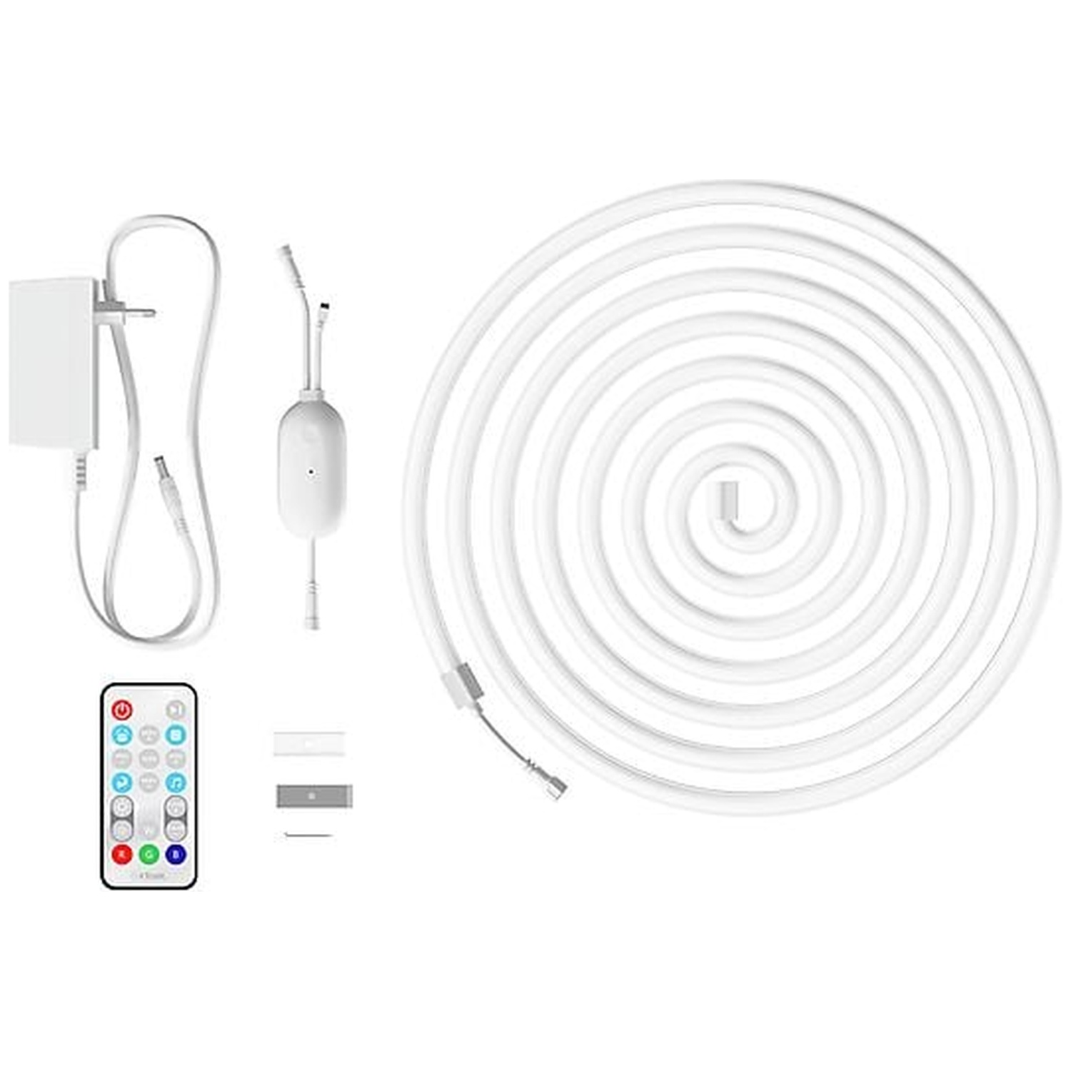 A white LED light strip with power adapter, remote, and controller.