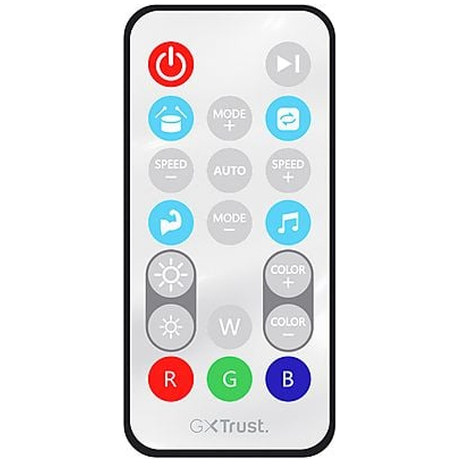 A remote control with on/off button, color buttons, and mode/speed buttons.