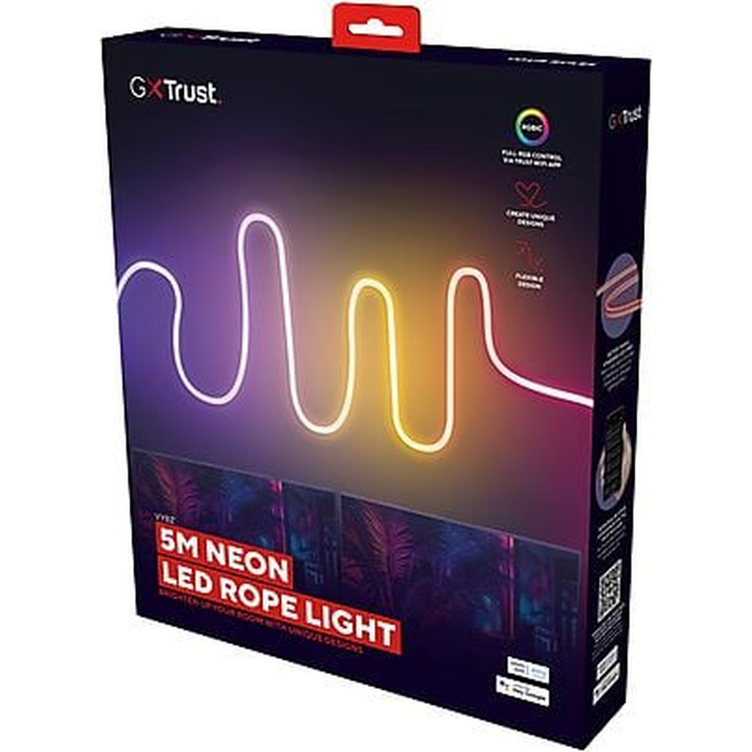 GxTrust 5m Neon LED Rope Light packaging with gradient and product images.