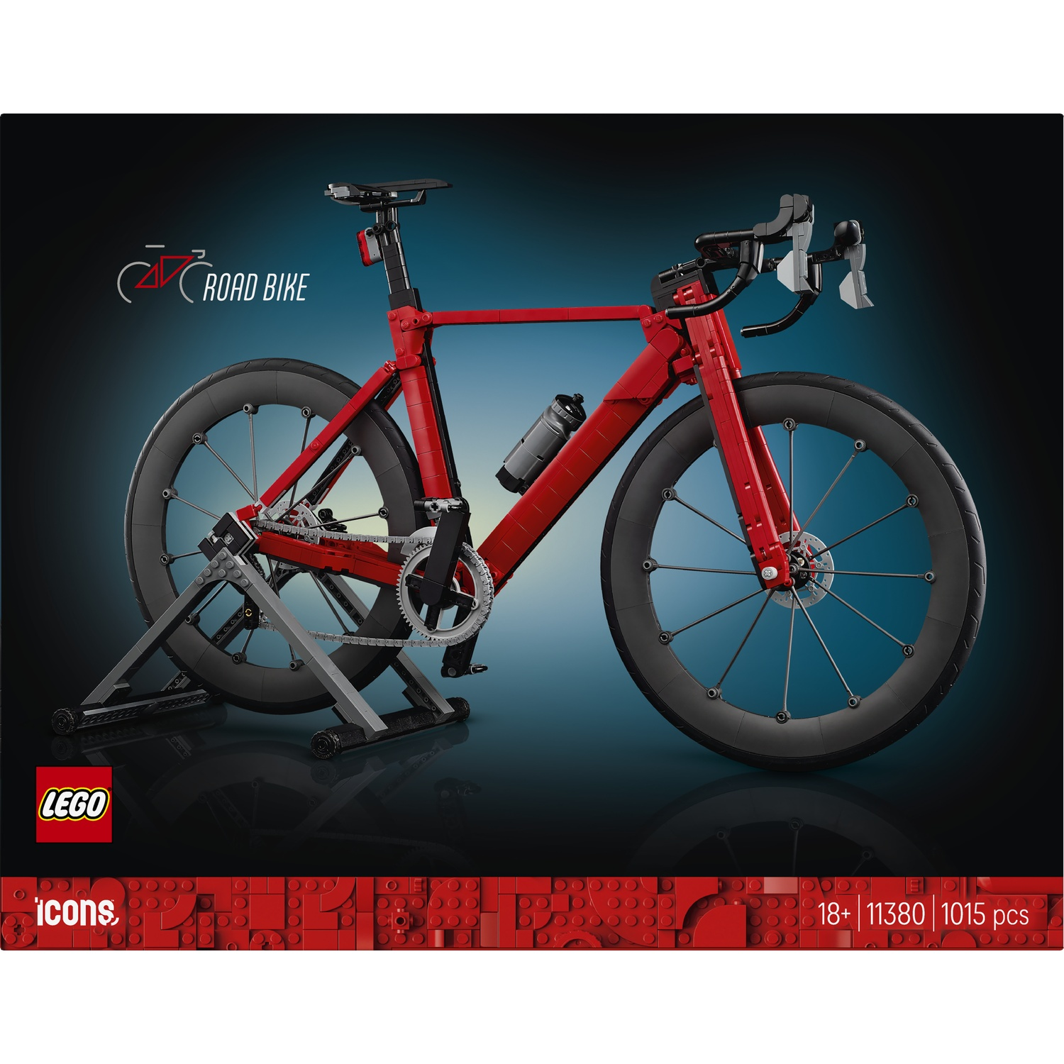 Een rode LEGO racefiets op een standaard, met zwart stuur en wielen.
