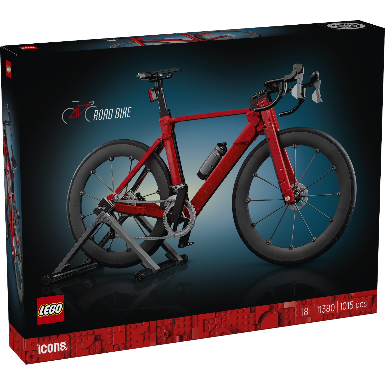 Een rood racefietsmodel op een standaard, op zwarte verpakking met LEGO-logo.