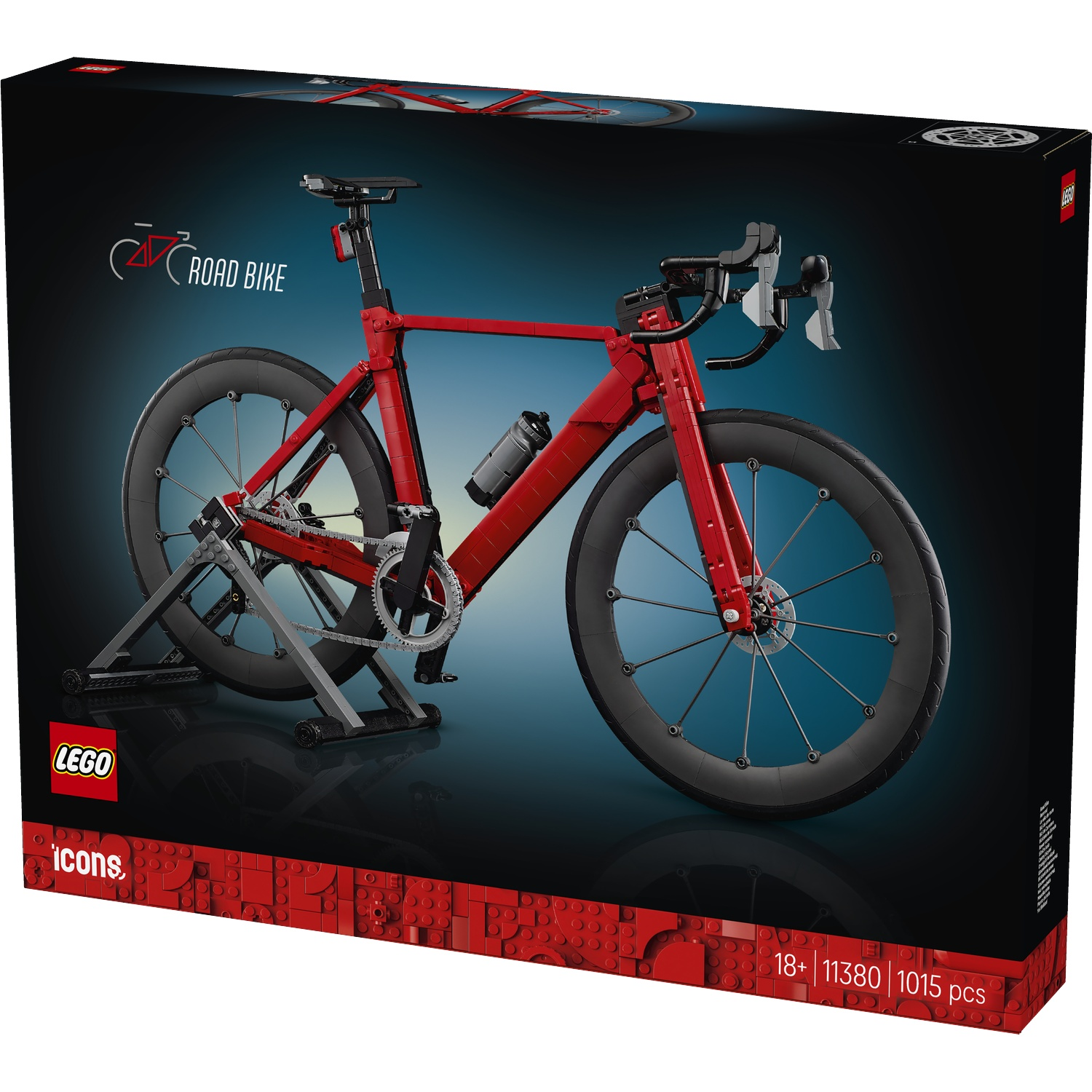 Rode LEGO racefiets op een standaard, op zwarte achtergrond met blauw verloop.