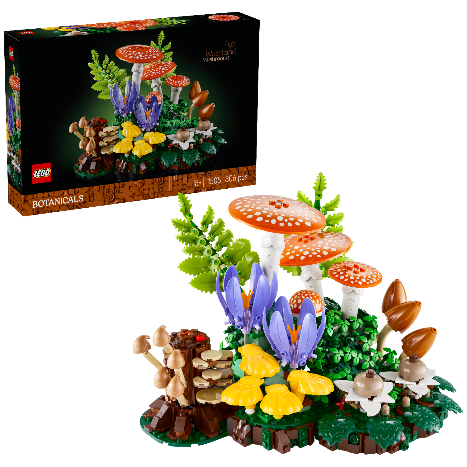 LEGO-model van paddenstoelen met vliegenzwammen, krokussen en bladeren.