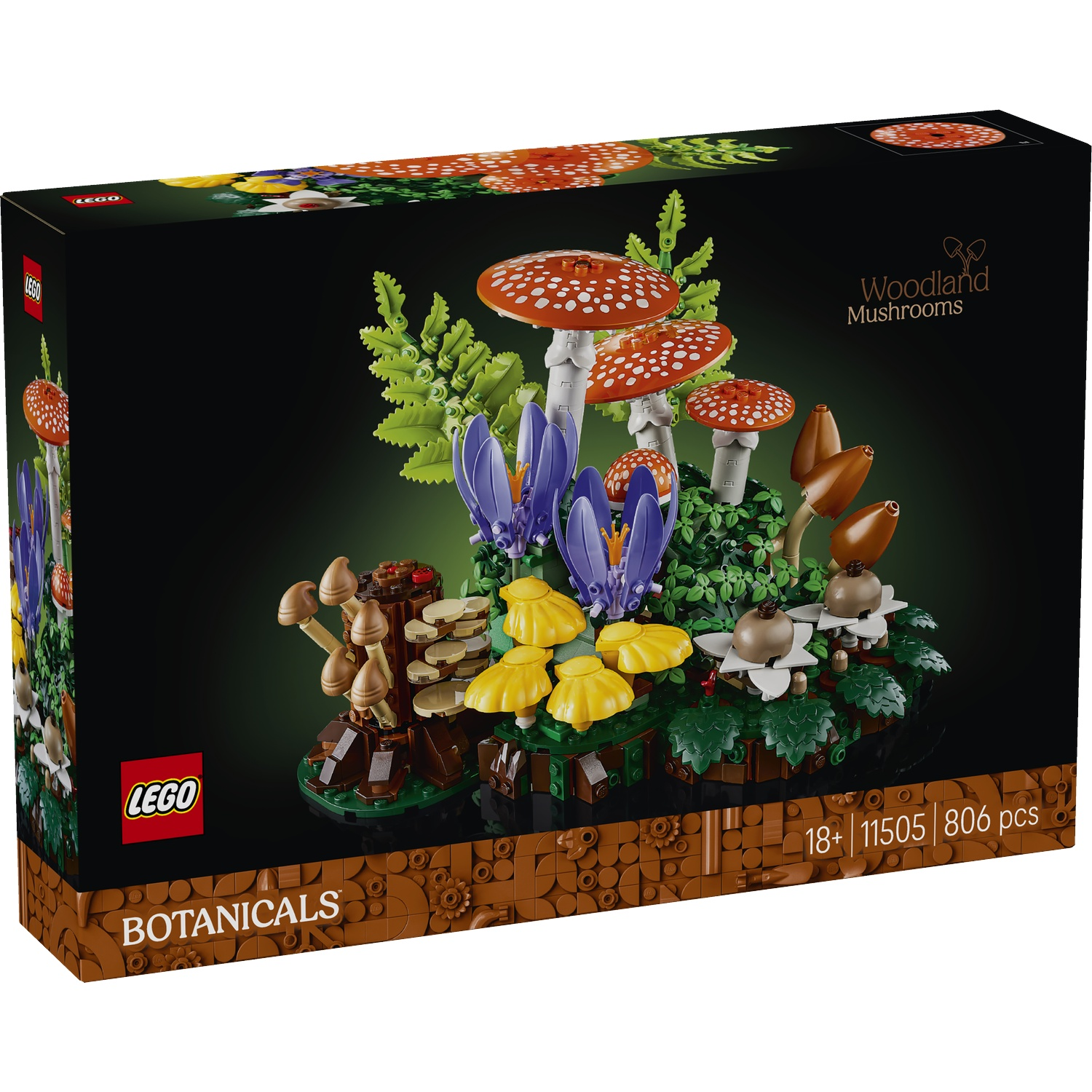 LEGO Woodland Mushrooms set doos met rode vliegenzwammen, paarse krokussen en gele bloemen.