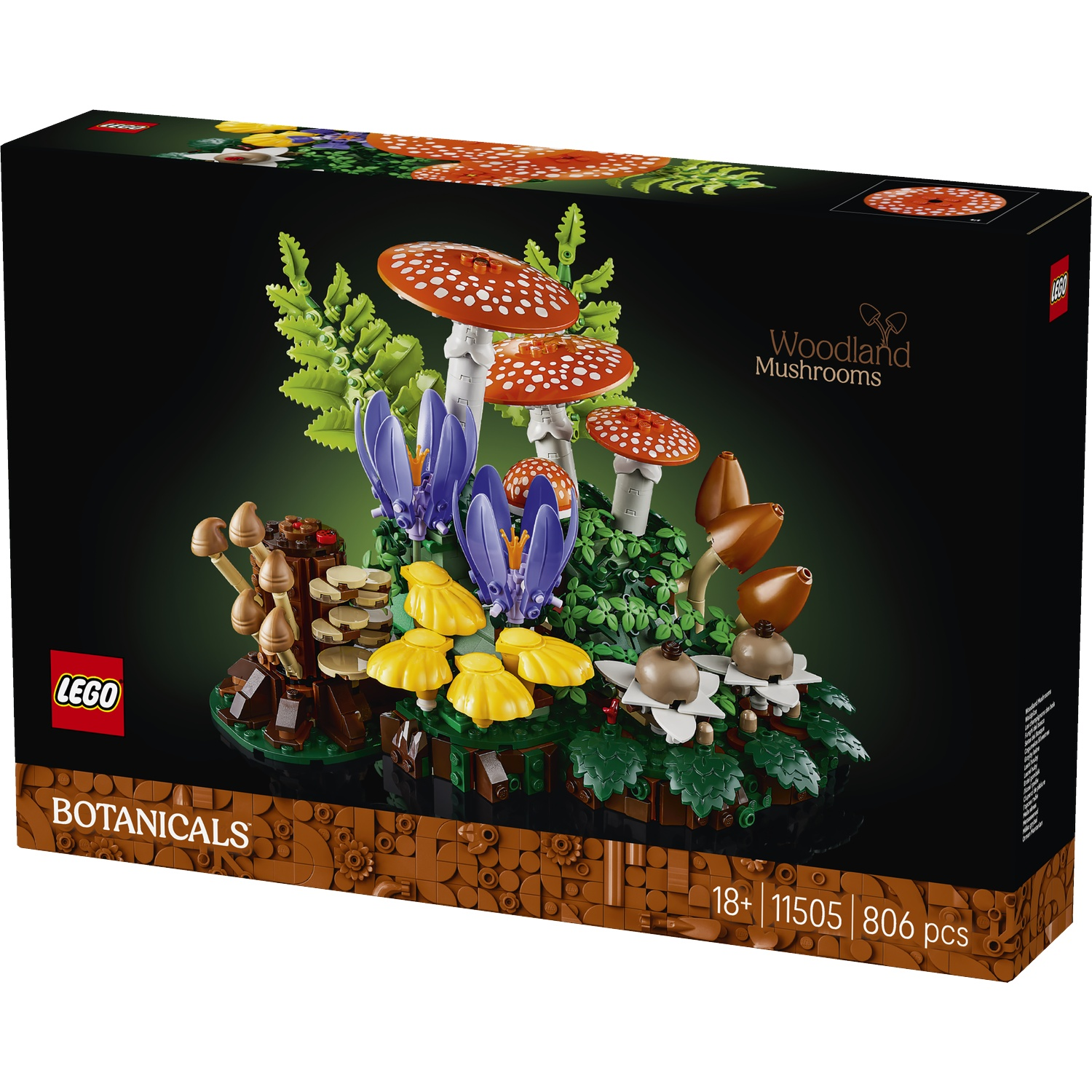 LEGO Woodland Mushrooms Set doos met rode paddenstoelen, gele bloemen en groen gebladerte.