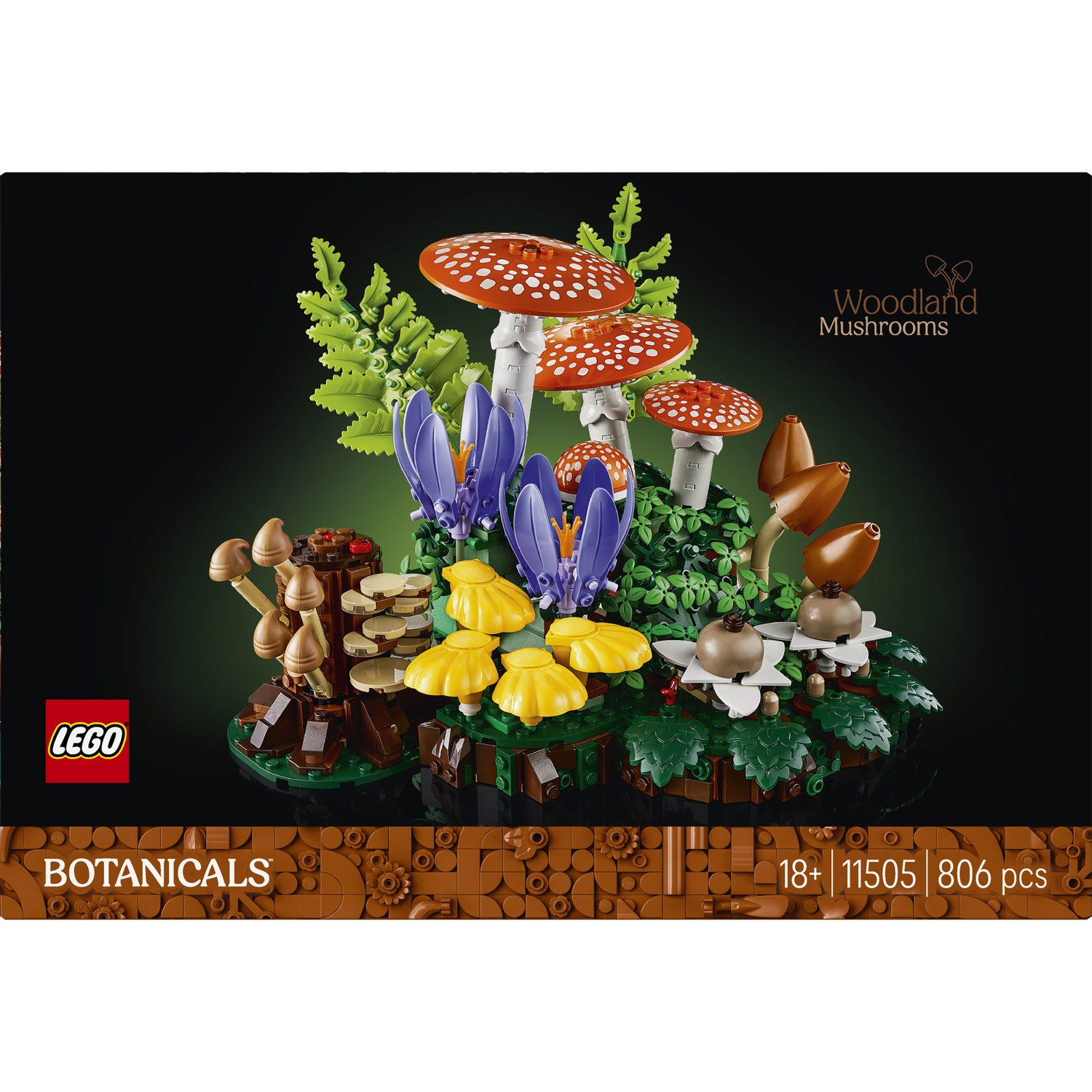 LEGO Boschampignons set met rode en witte vliegenzwammen, paarse en gele bloemen.