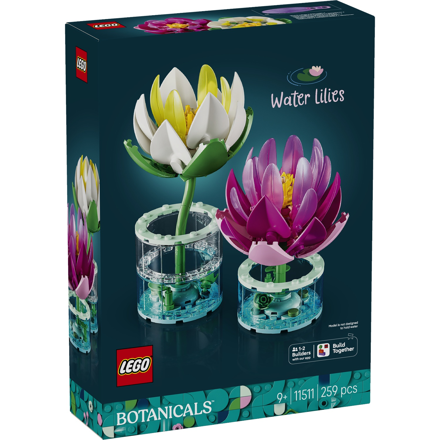 Boîte LEGO avec deux modèles de nénuphars, un blanc et jaune, un rose et jaune.
