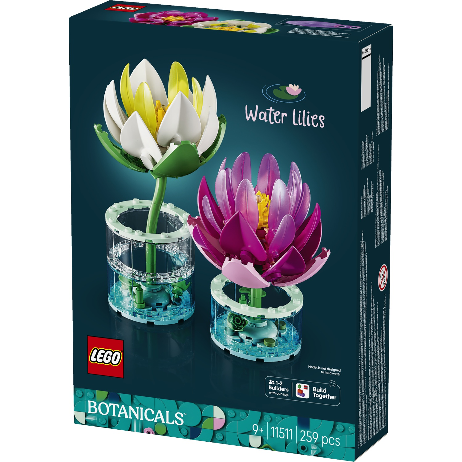 Set LEGO avec deux nénuphars LEGO, un blanc et jaune, un rose. Sur fond sombre.