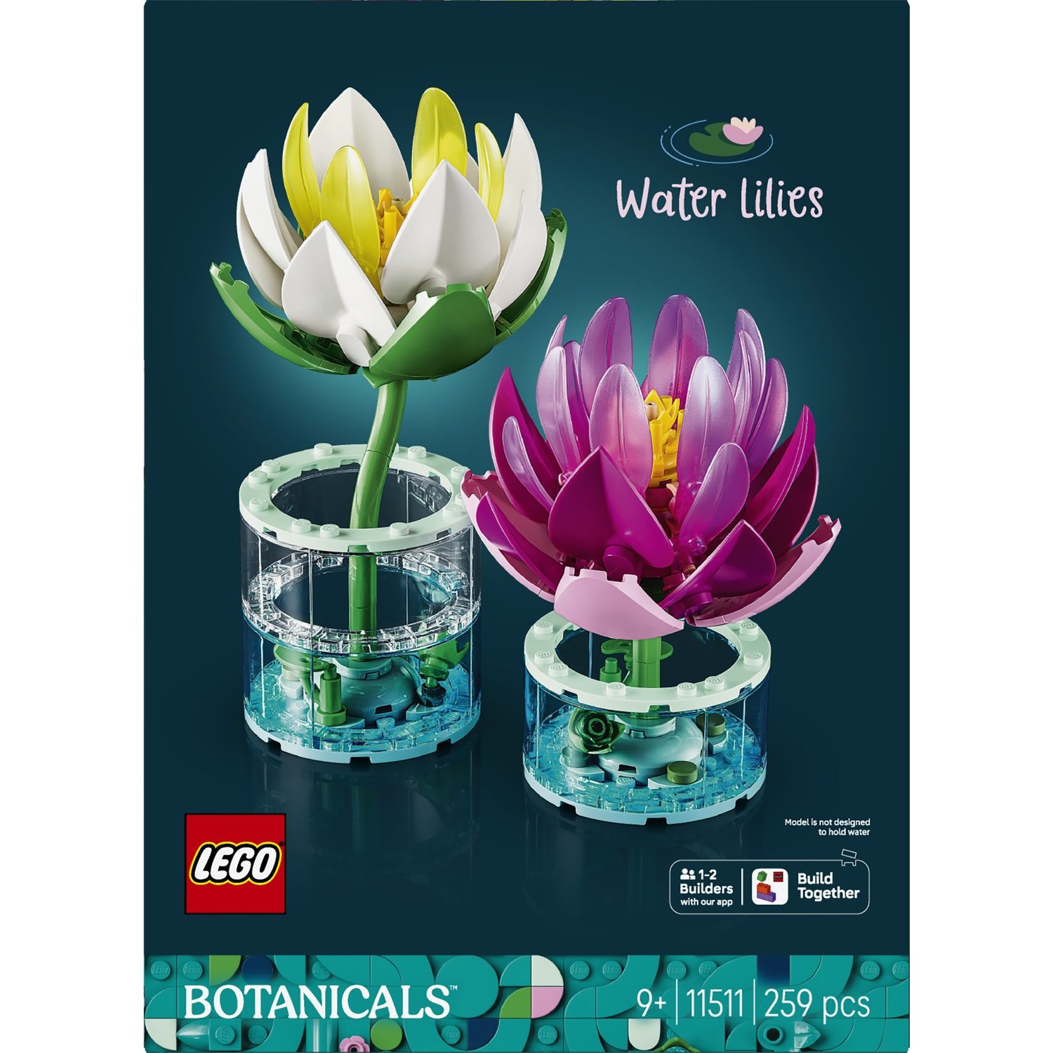 Set LEGO "Nénuphars" avec des fleurs blanches et violettes dans des récipients en verre.