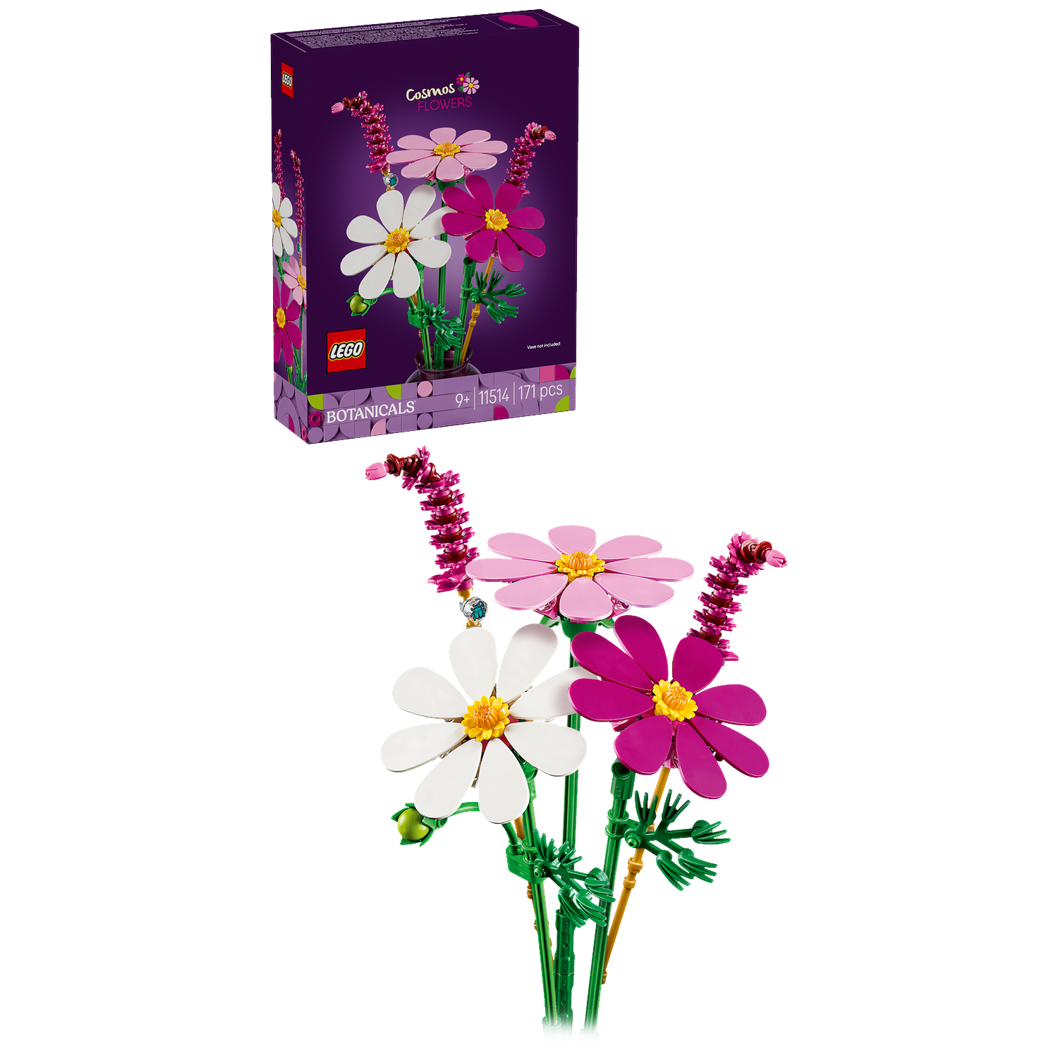 Een LEGO-model van cosmosbloemen in roze, wit en paars met groene stelen.