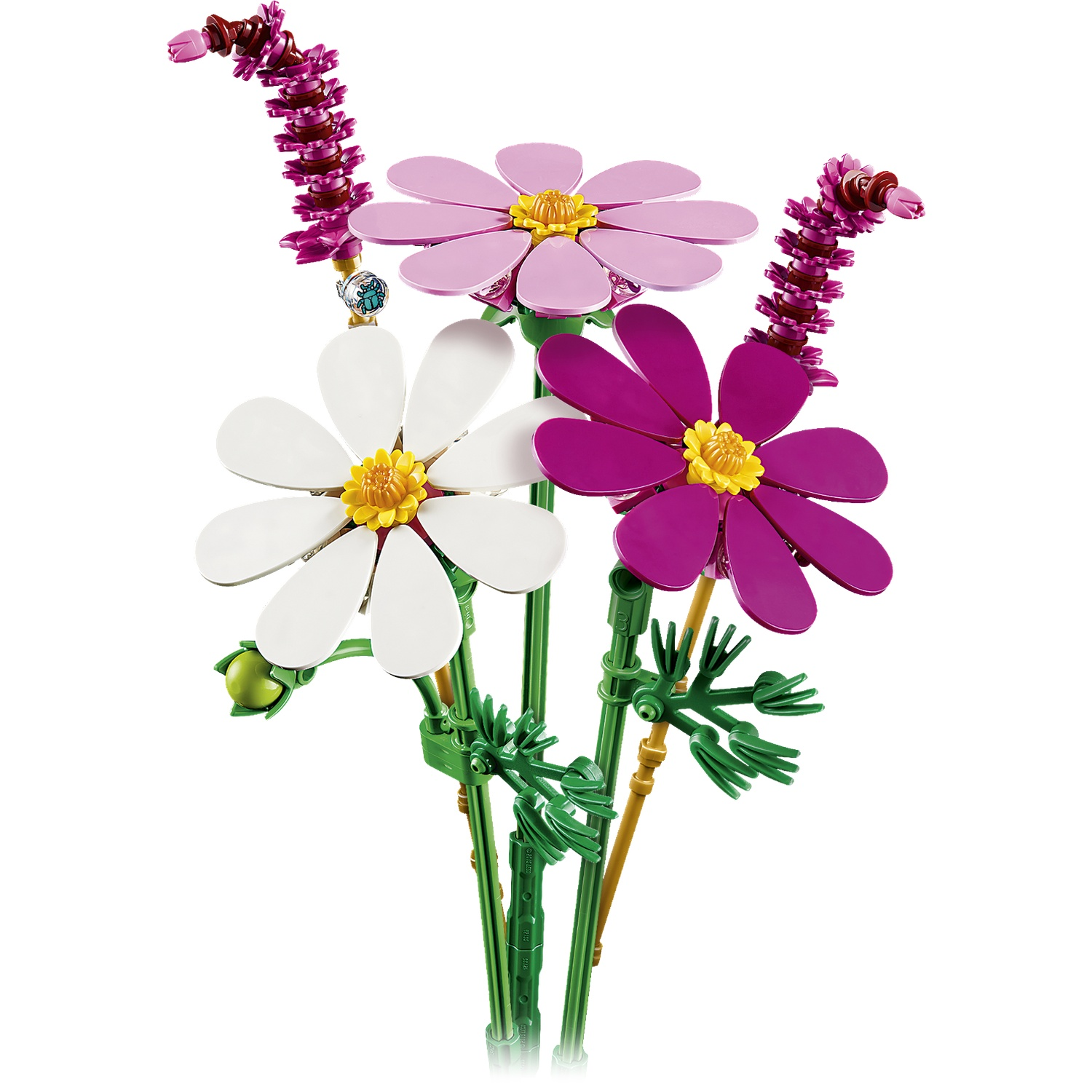 Een boeket van drie LEGO bloemen: één roze, één witte en één paarse, met groene stelen.