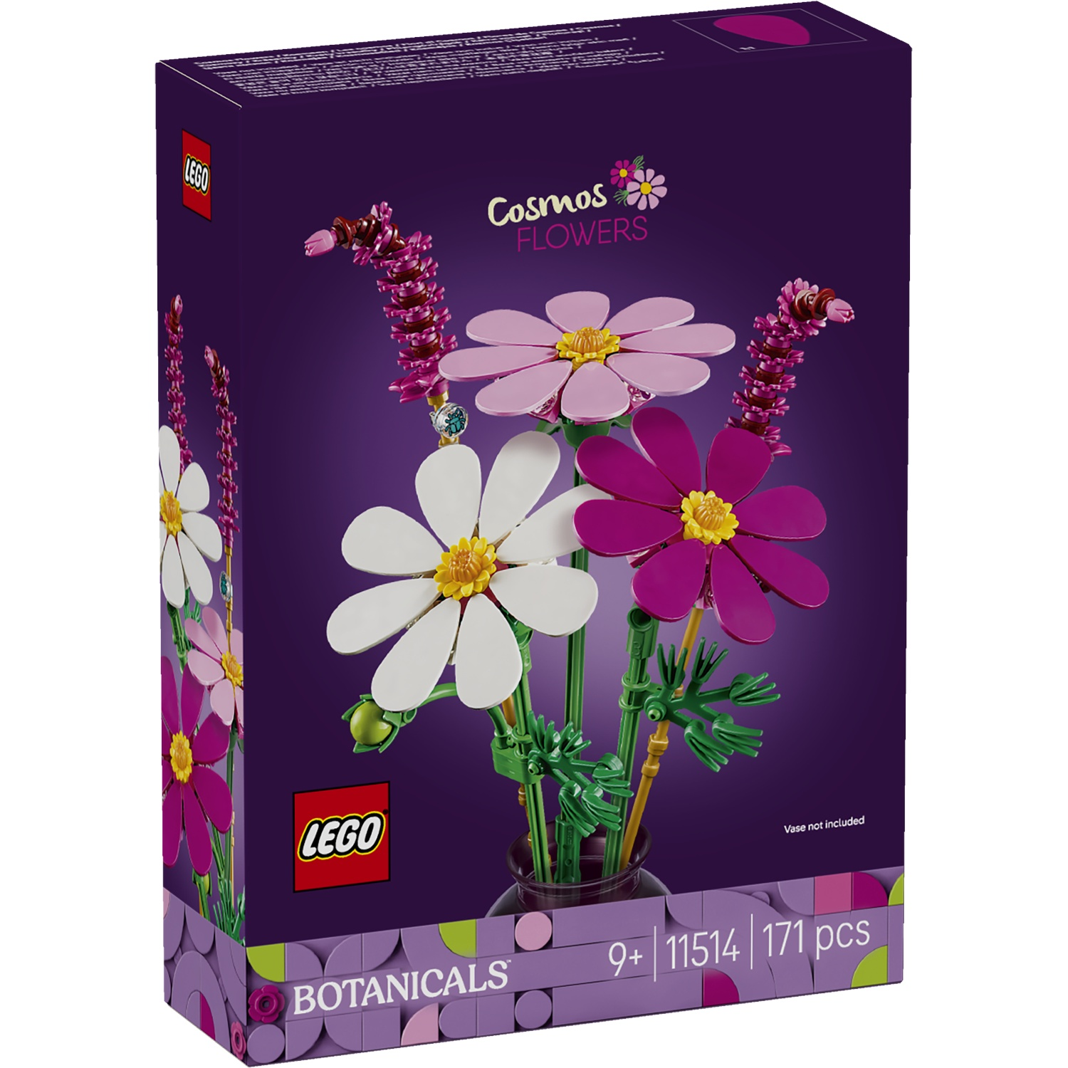 Lego bloemenset met paarse en witte bloemen in een paarse doos.