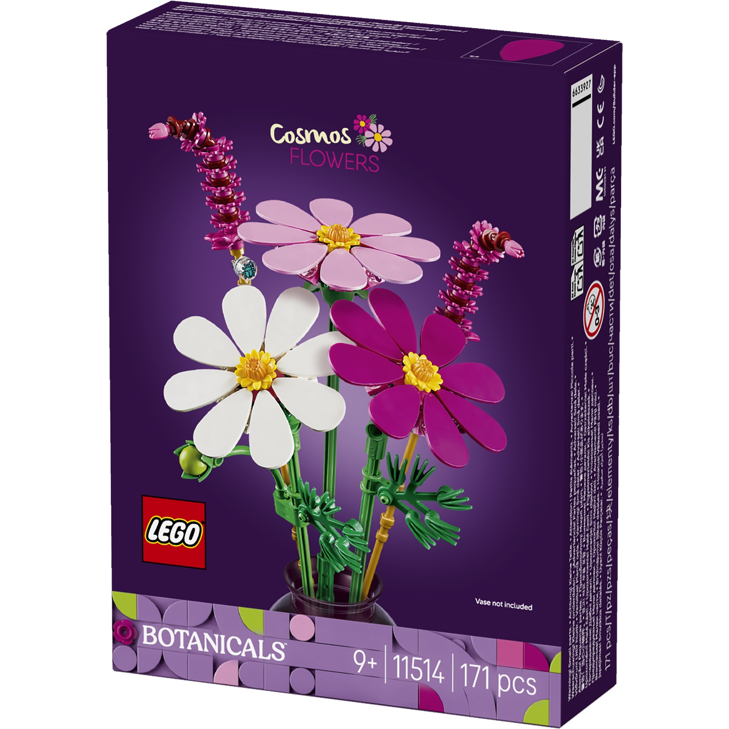 LEGO Botanicals doos met paarse achtergrond, toont een bloemenbouwset.