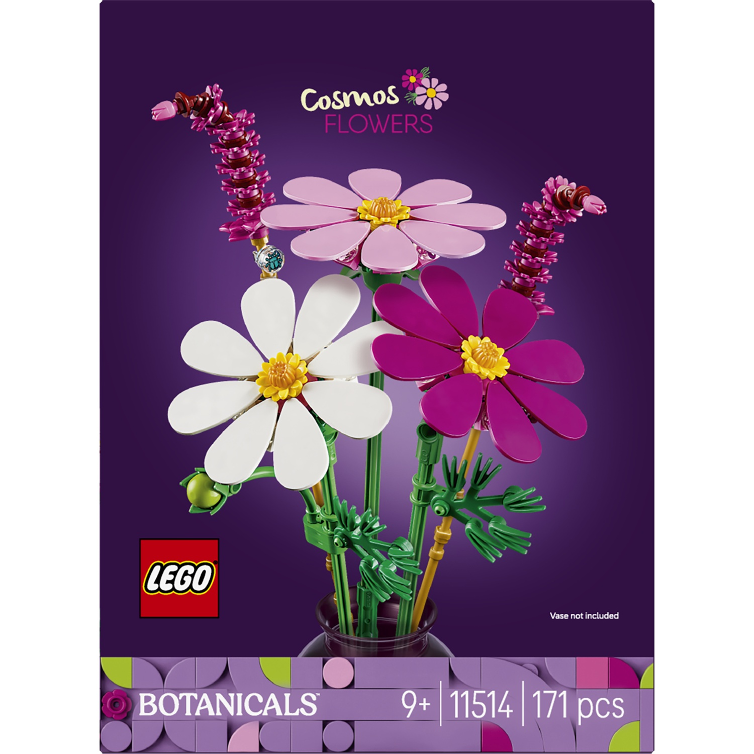 LEGO Cosmos Bloemen set met roze, witte en paarse bloemen in een vaas. Botanicals lijn.