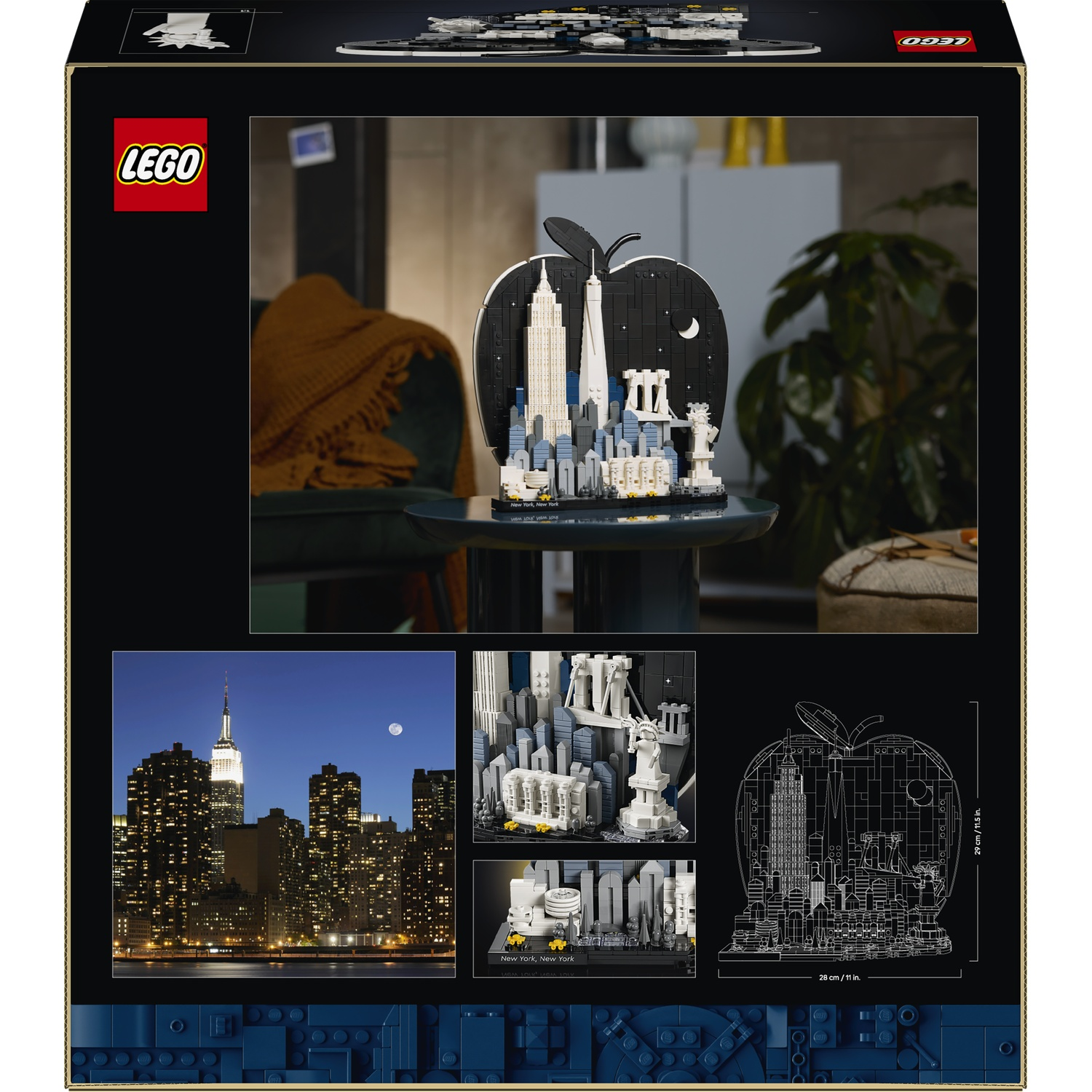 LEGO packaging featuring a New York skyline model in an apple shape.