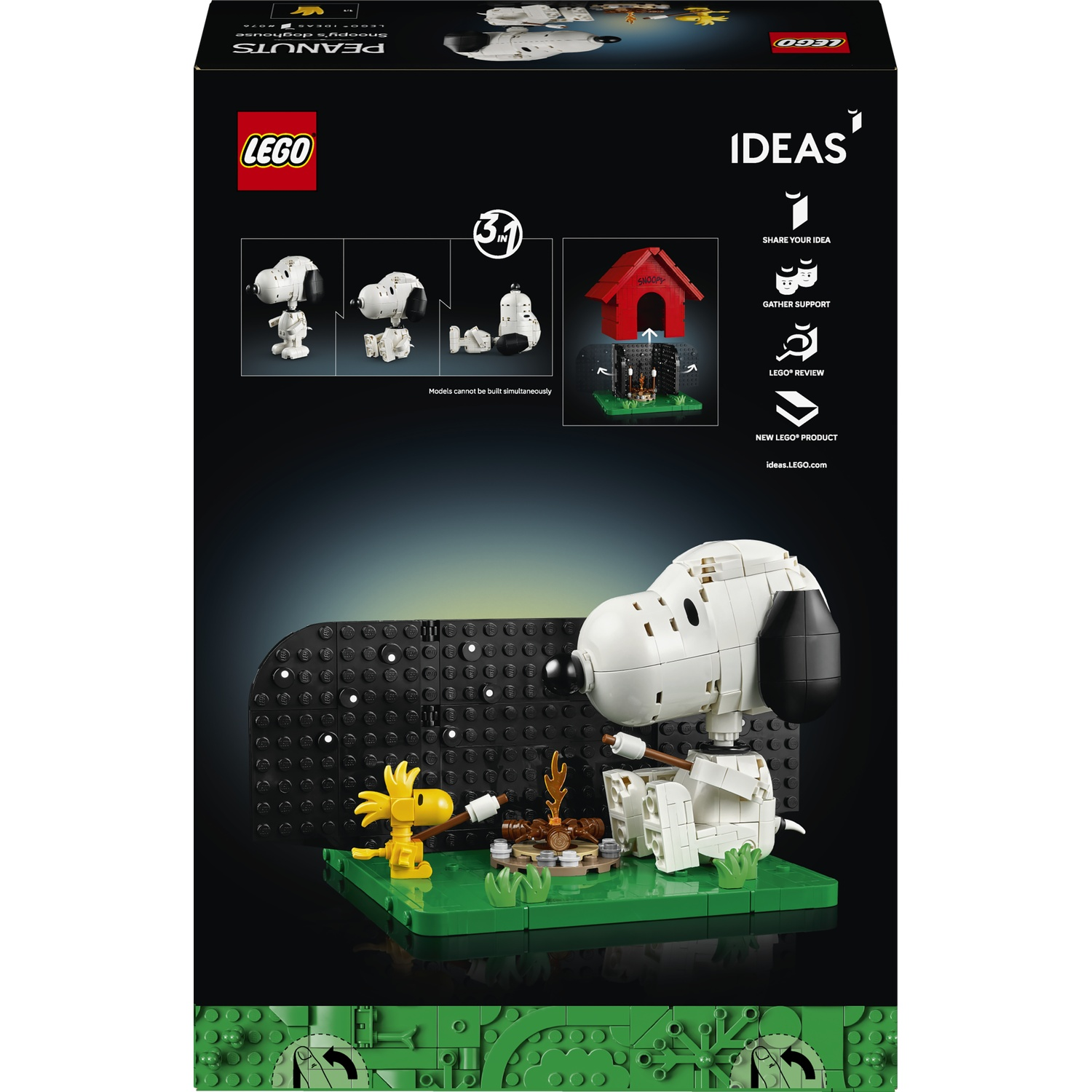 LEGO Snoopy et Woodstock près d'un feu de camp devant un fond noir.
