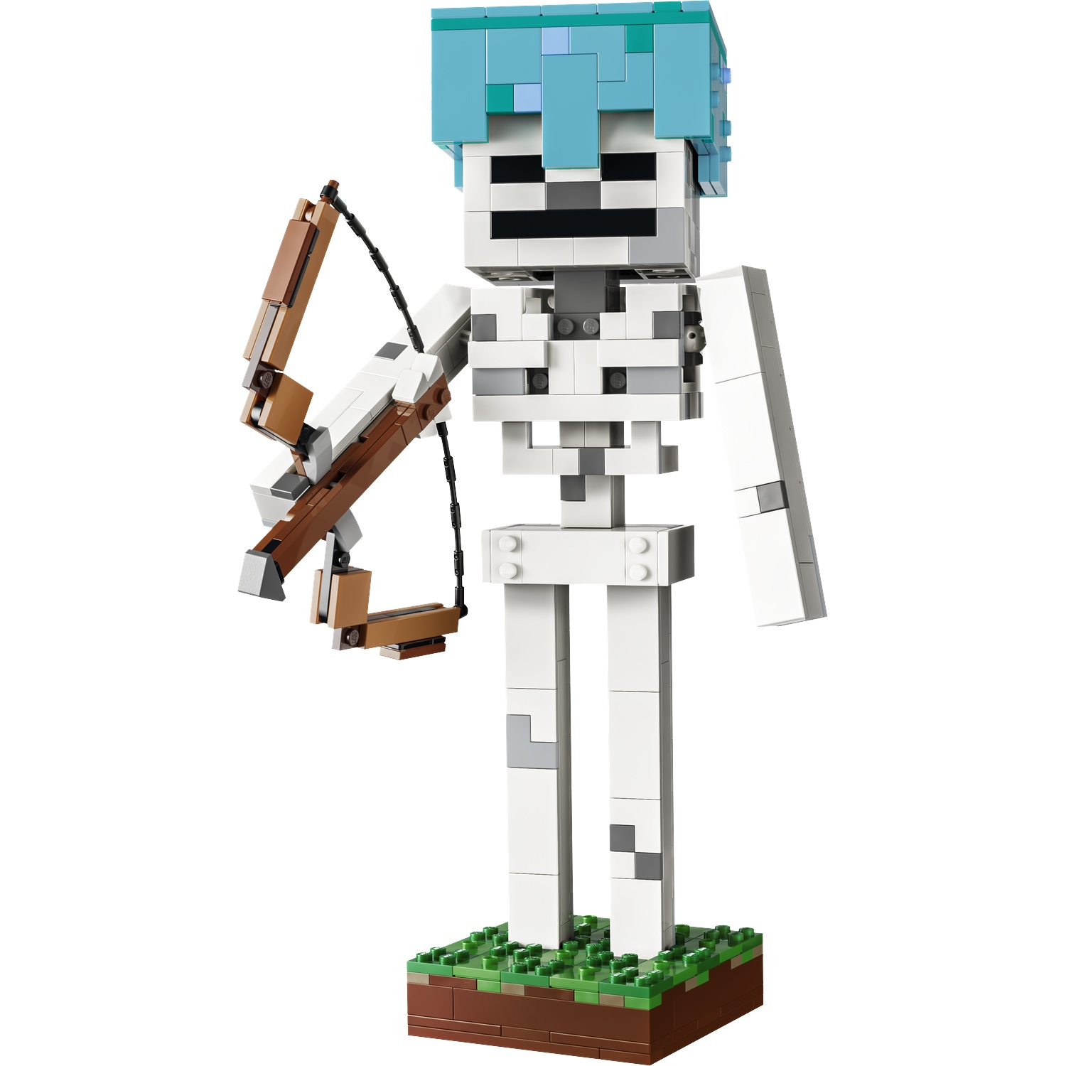 Un squelette Lego aux cheveux bleus tenant un arc sur une base d'herbe.