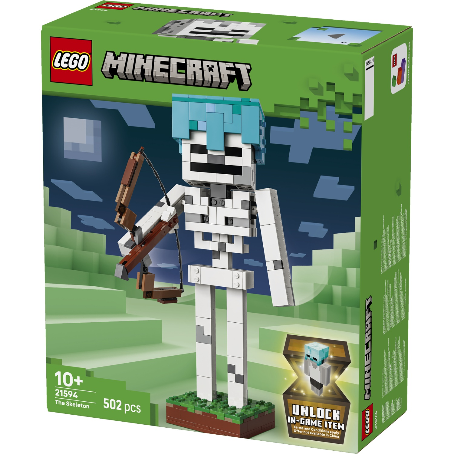 Set LEGO Minecraft 21594 "Le Squelette" avec 502 pièces, présente une figurine squelette avec un arc.