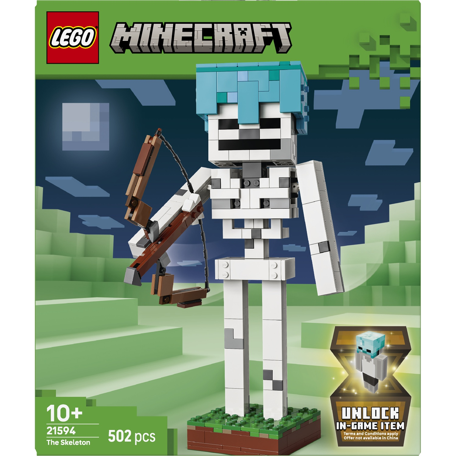 Set LEGO Minecraft avec un squelette à construire tenant un arc et une flèche.
