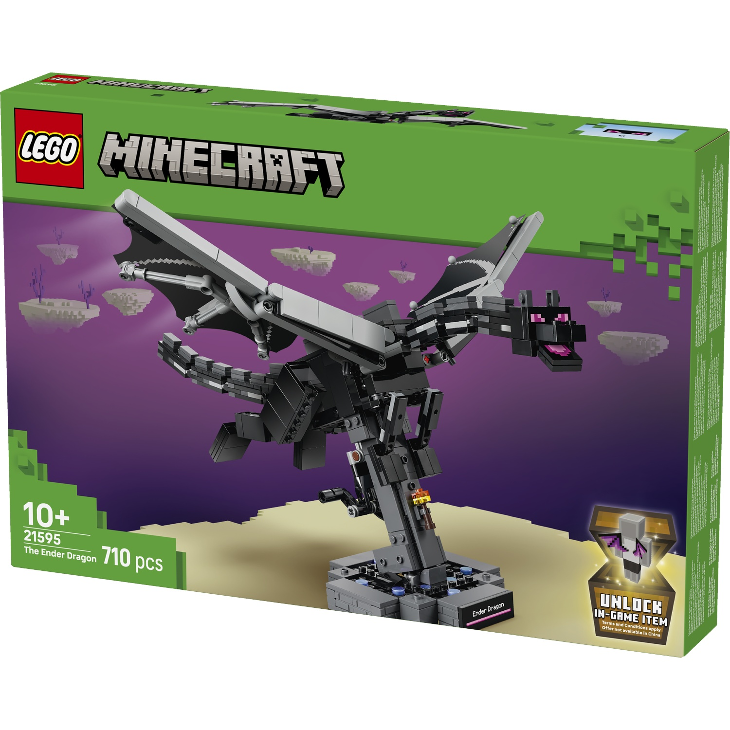 Boîte du set LEGO Minecraft Dragon de l'Ender avec modèle de dragon et offre.