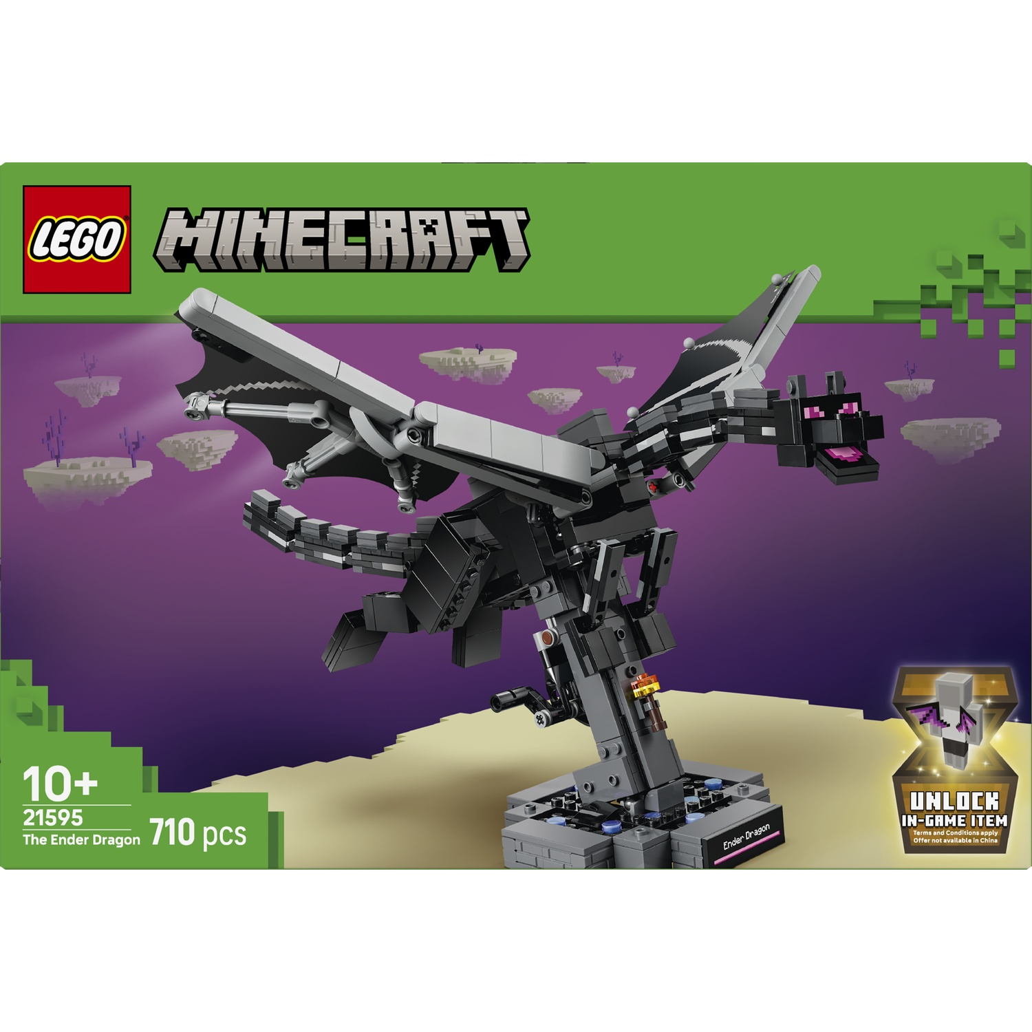Set LEGO Minecraft Dragon de l'End avec dragon noir sur socle, ciel violet.