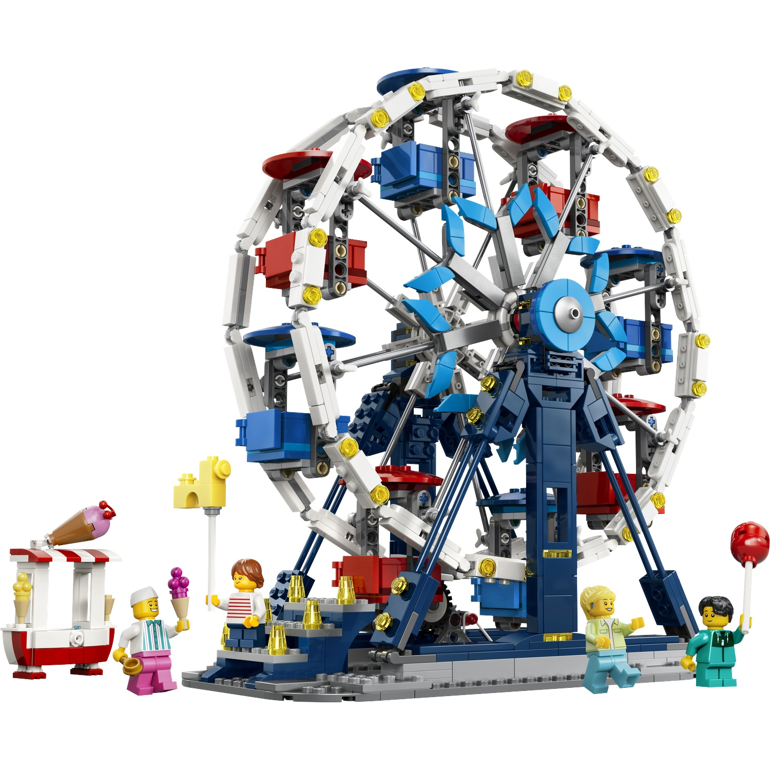 Une grande roue Lego avec des gens et un stand de glaces.