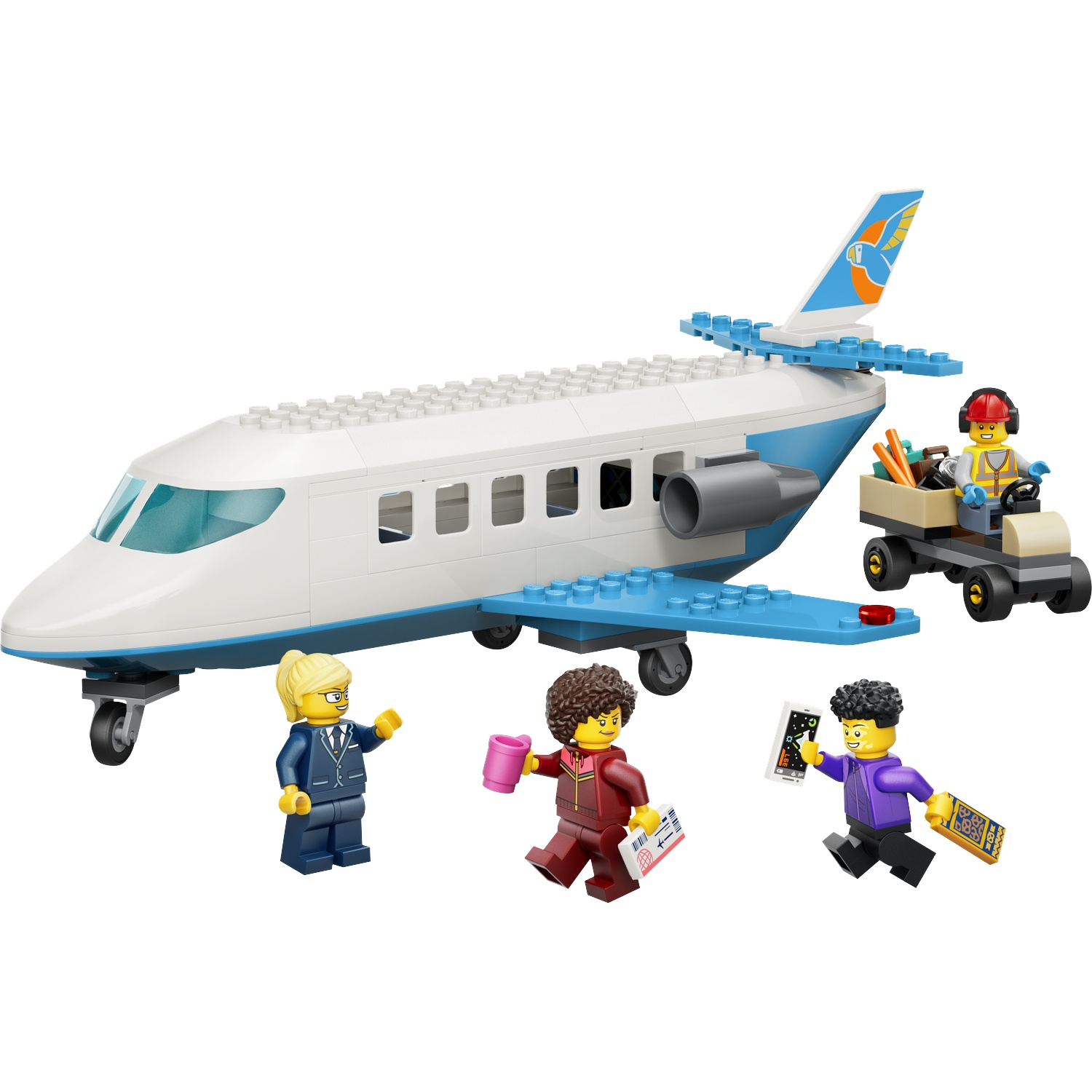 A Lego airplane with blue underside and white top, three figures and a luggage cart.