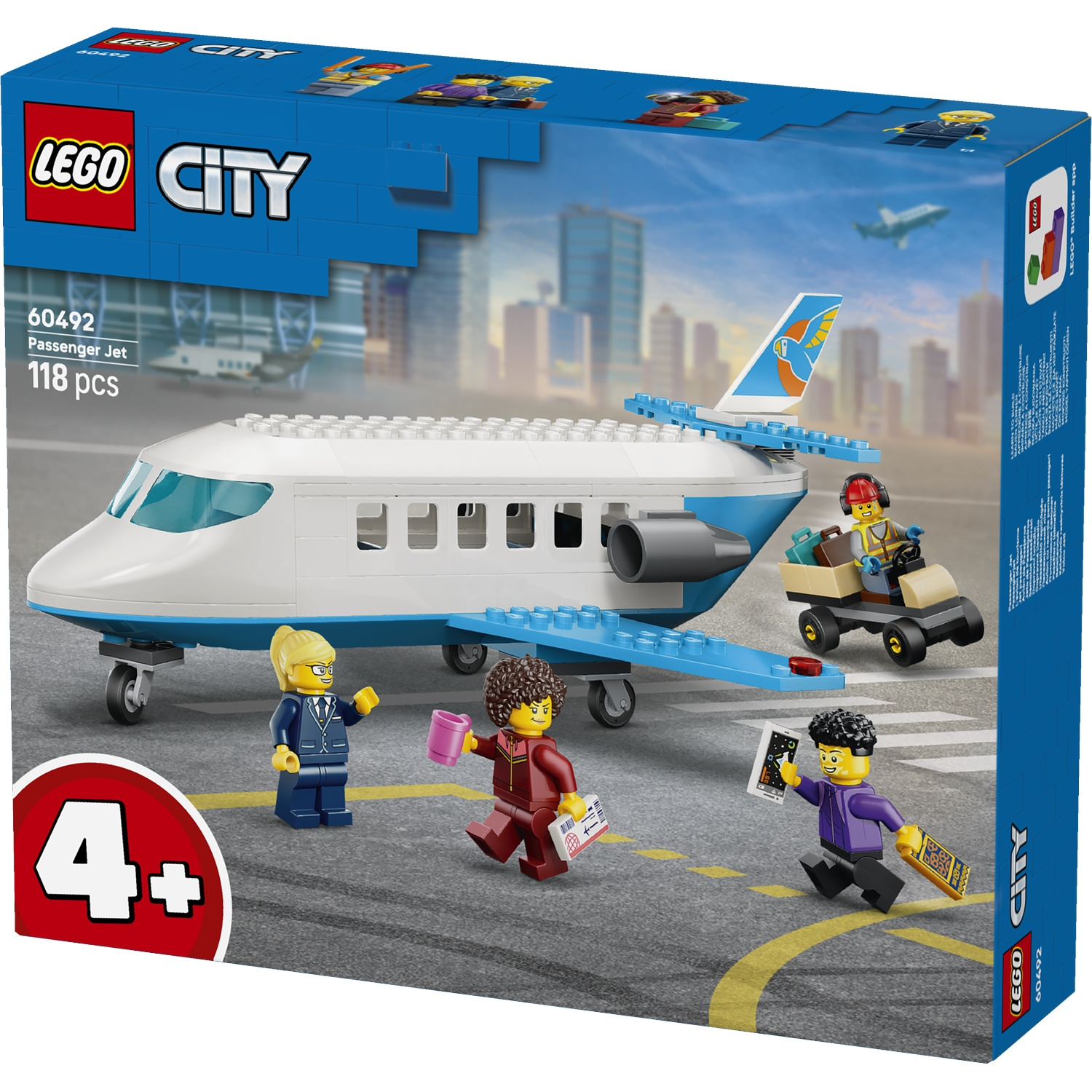 Lego City passenger jet with figures and luggage cart on the tarmac.