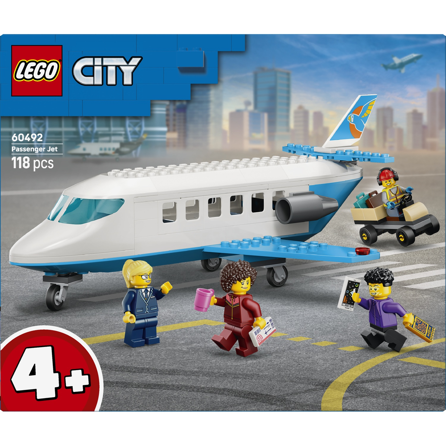 Lego City passenger jet with figures and luggage cart on tarmac. Building set.