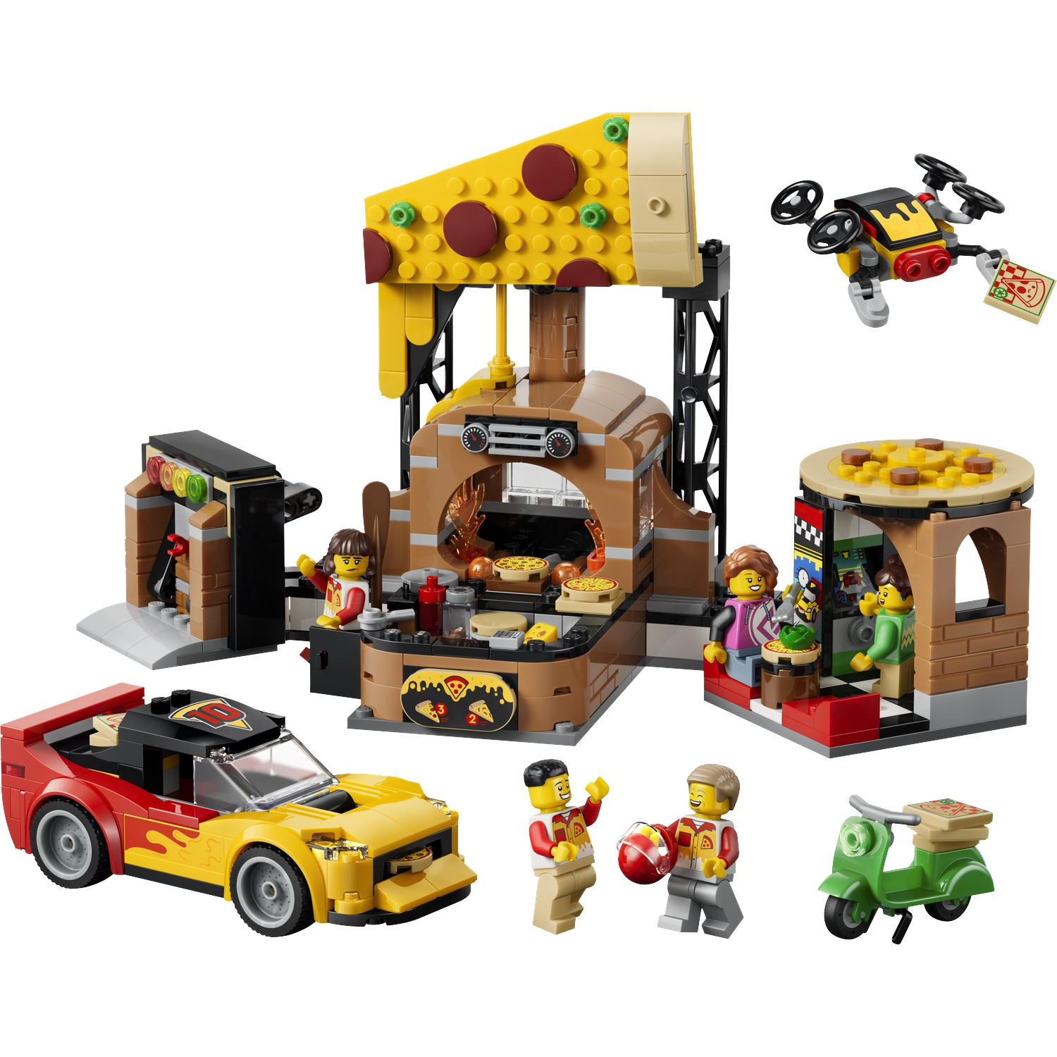 Lego toys: pizza shop, race car, scooter, drone, and figures.