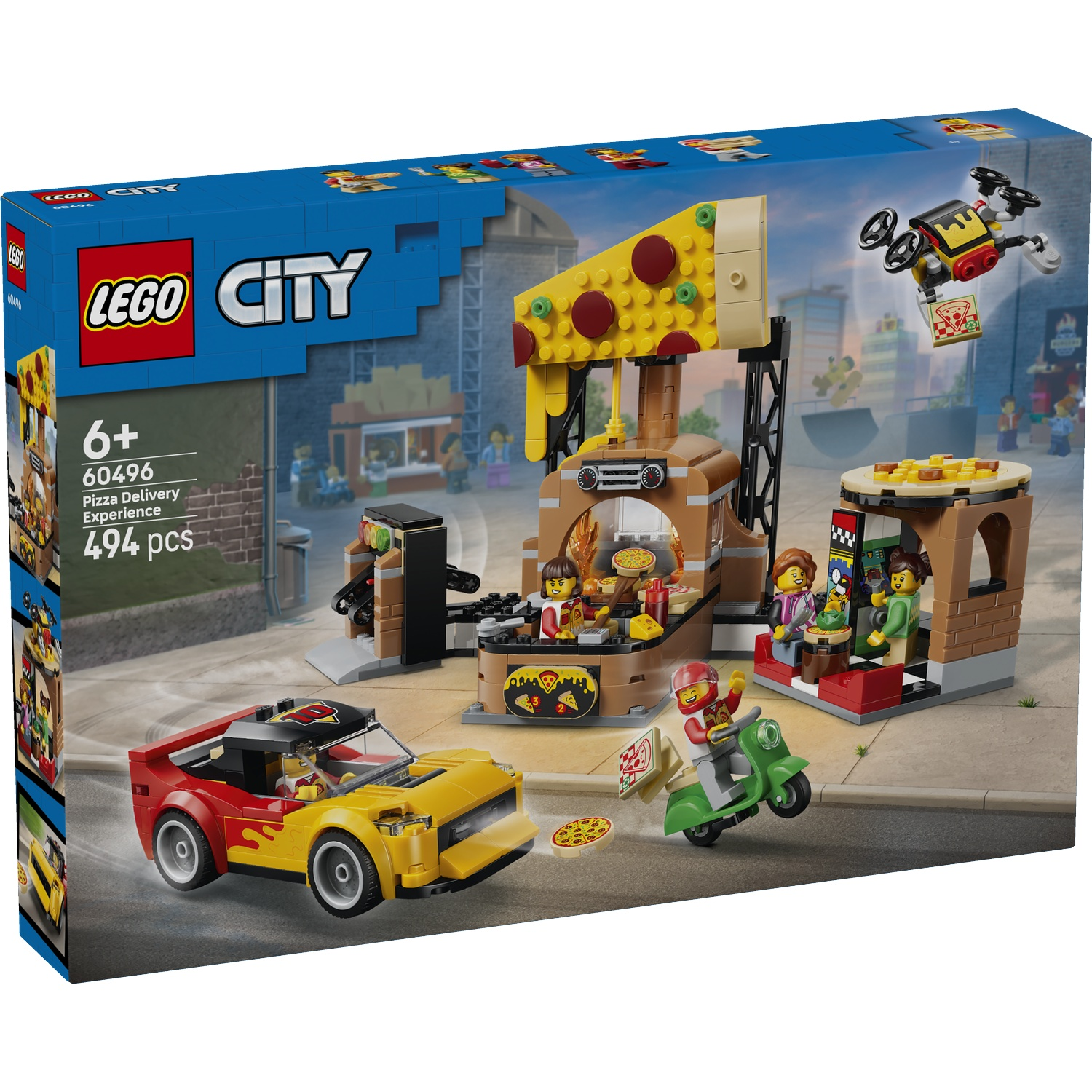 LEGO City Pizza Delivery Experience set with car, scooter, drone, and pizzerias.