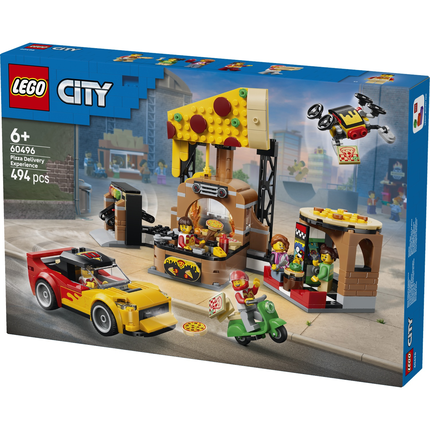 LEGO City pizza delivery set with car, scooter, drone, and pizza stand.