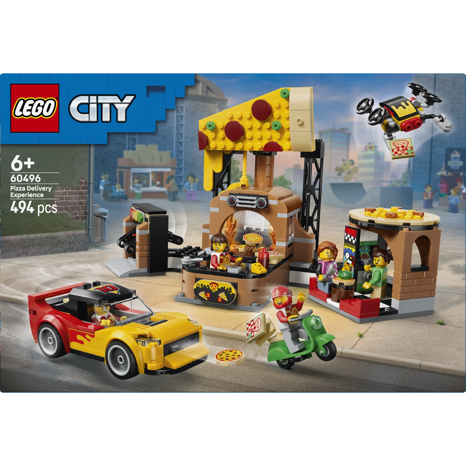 Lego City pizza delivery scene with car, scooter, drone, and figures.